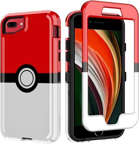 Miniatura 1 de SupBo Funda para iPhone 7 Plus iPhone 8 Plus  Anime Cartoon Kawaii Rojo y Blanco Patrón de Bola Hard PC y Silicona Interior Hybrid Dual Armor