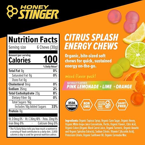 Miniatura 2 de Honey Stinger Masticables energéticos orgánicos Citrus Splash, sin gluten y sin cafeína, para ejercicio, correr y rendimiento, nutrición deportiva