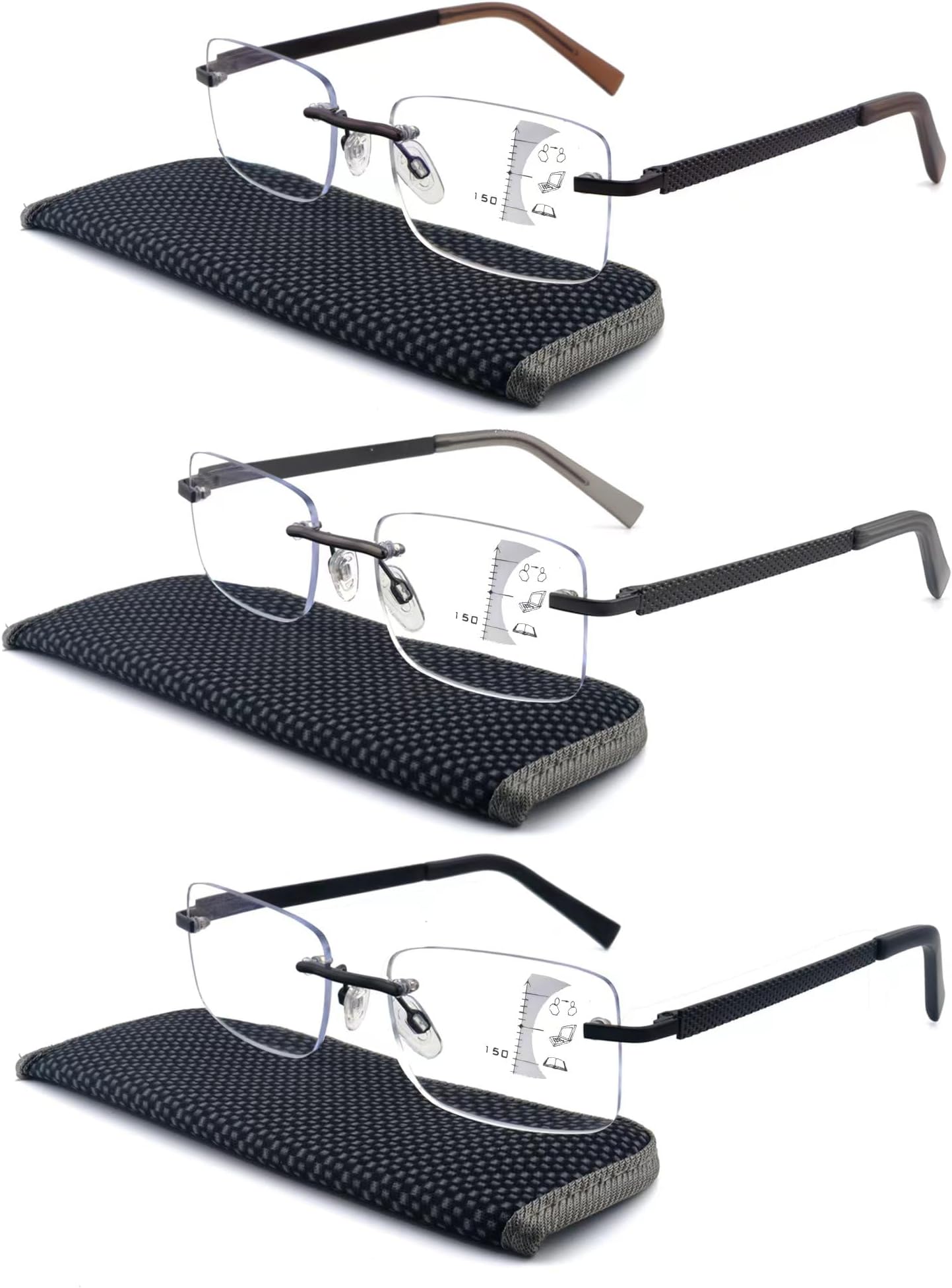 FEIVSNMen Multifocus Reading Glasses, 3 Pack Rimless Progressive Multifocal Readers Blue Light Blocker