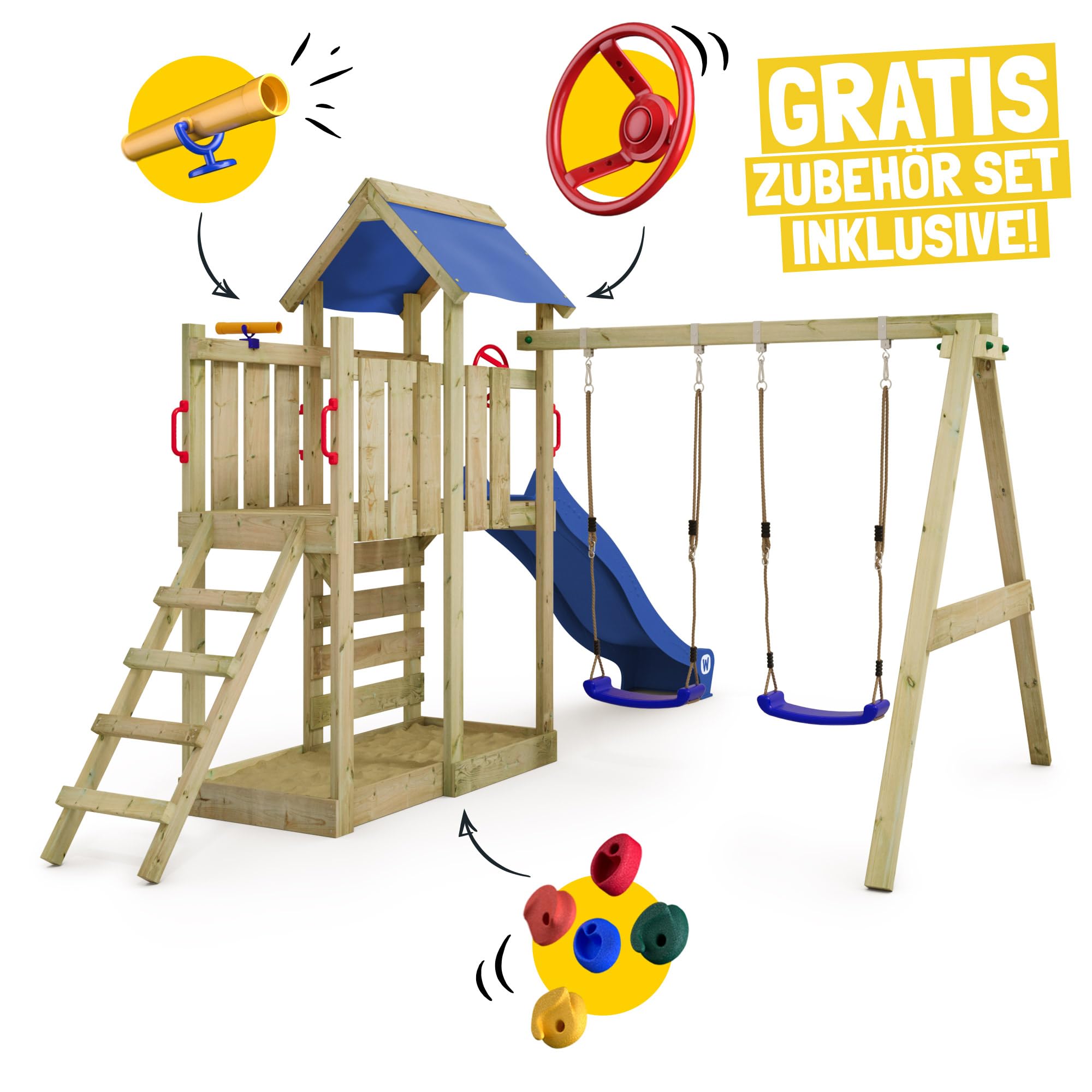 WICKEY Spielturm Klettergerüst MultiFlyer mit Schaukel & Blauer Rutsche, Outdoor Kinder Kletterturm mit Sandkasten, Leiter & Spiel-Zubehör für den Garten