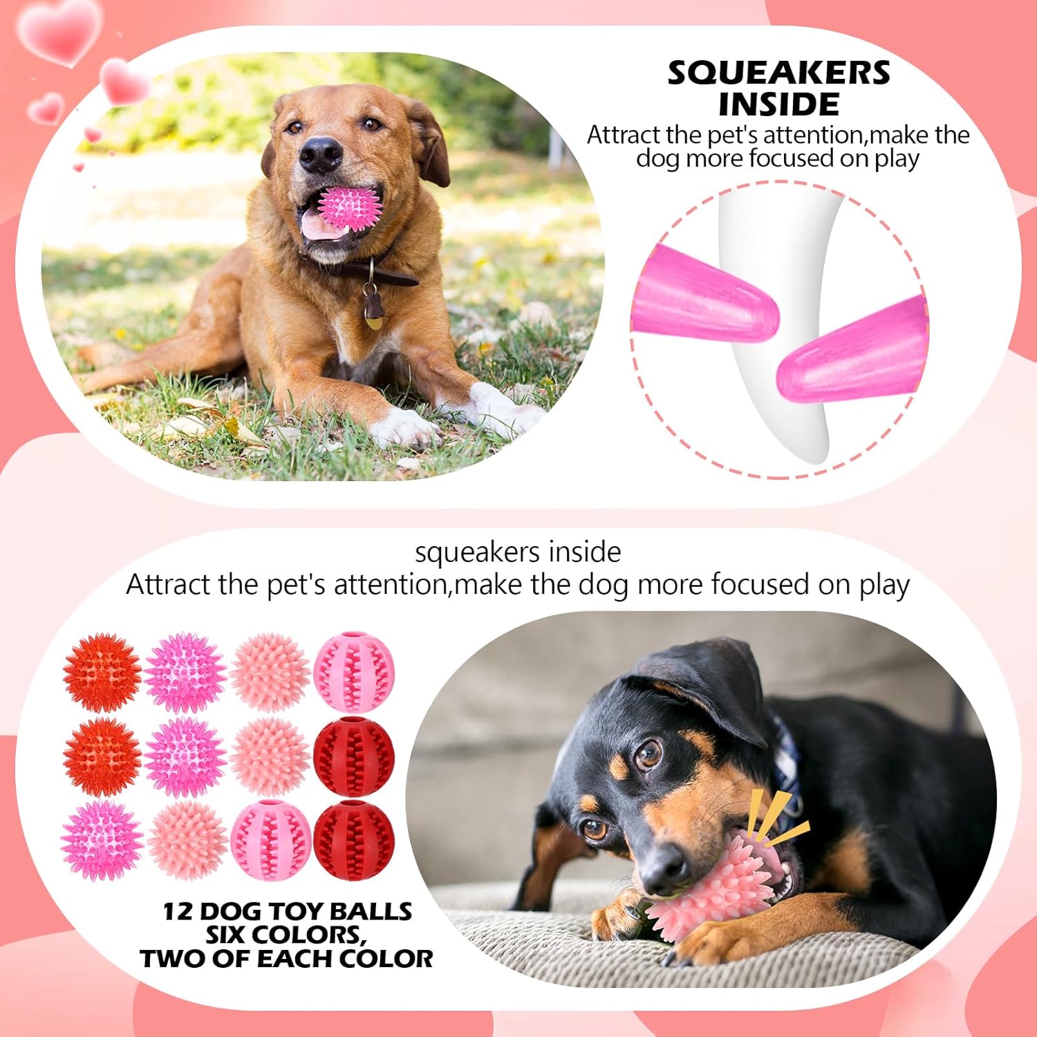 Syhood 60 Pcs Squeaky Dog Toys Bulk Stuffed Plush Chew Toys Puppy Teething Rope Cute Spiky Chew Ball for Small Dog Pet Teething Gift(Pink Style)