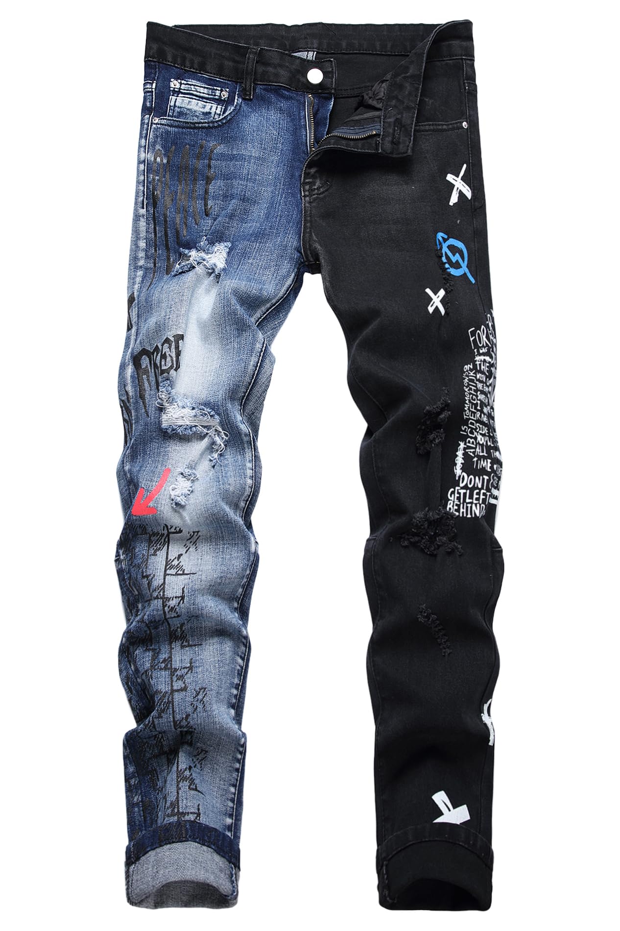 Men's Designer Straight Slim Fit Patchwork Jeans Comfort Skinny Biker Denim Pants