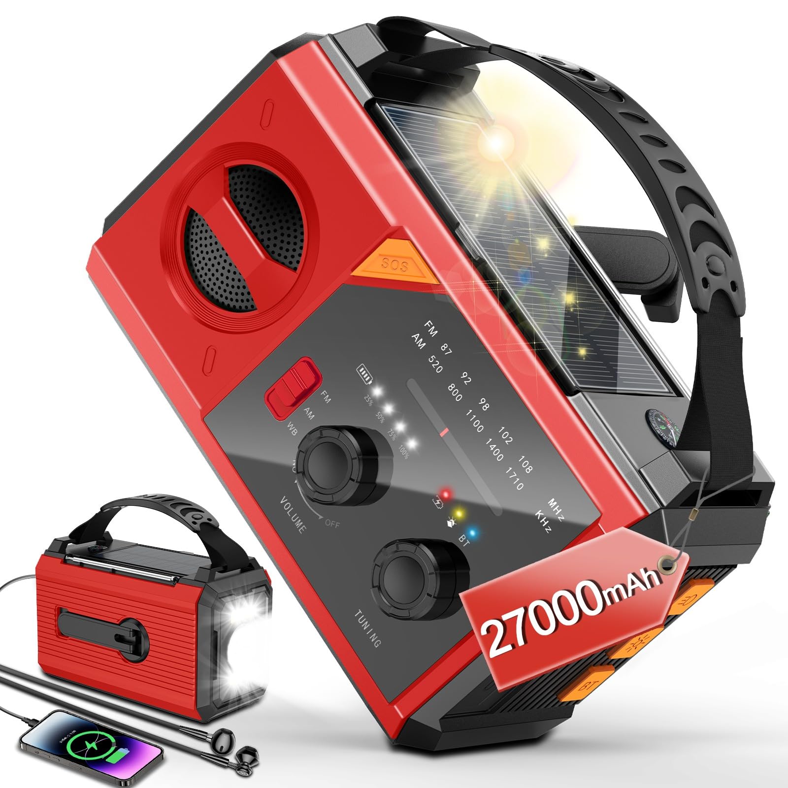 Solar Wind Up Emergency Radio - With 27000mAh Power Bank, AM/FM Weather - View #11