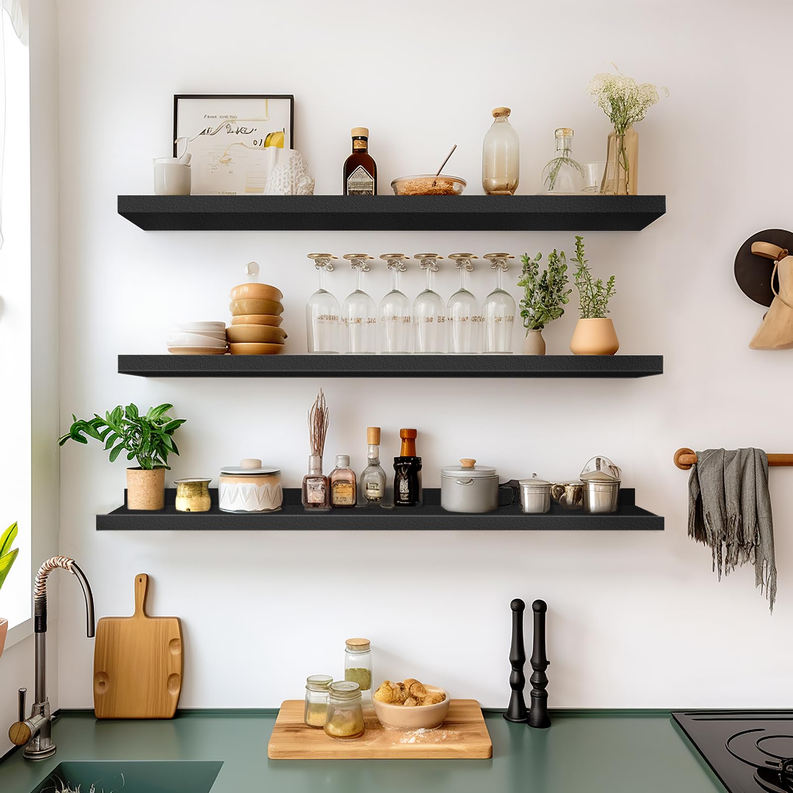 Condition photo showing New/Like New for 35.4-inch black floating shelves for wall storage set of 4 - modern minimalist picture ledge shelf wall decor for kitchen, bedroom, bathroom, and living room, large floating shelves