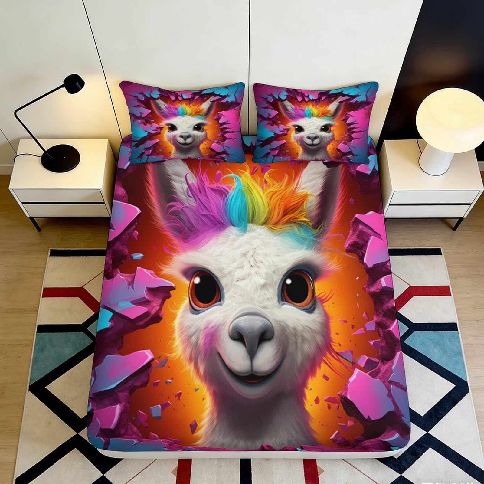 3D Printed Rainbow Llama Fitted Sheet Microfiber Soft Anti-Slip Bed Sheet for Bedroom Guest Room Dorm Decor 90x200x25cm