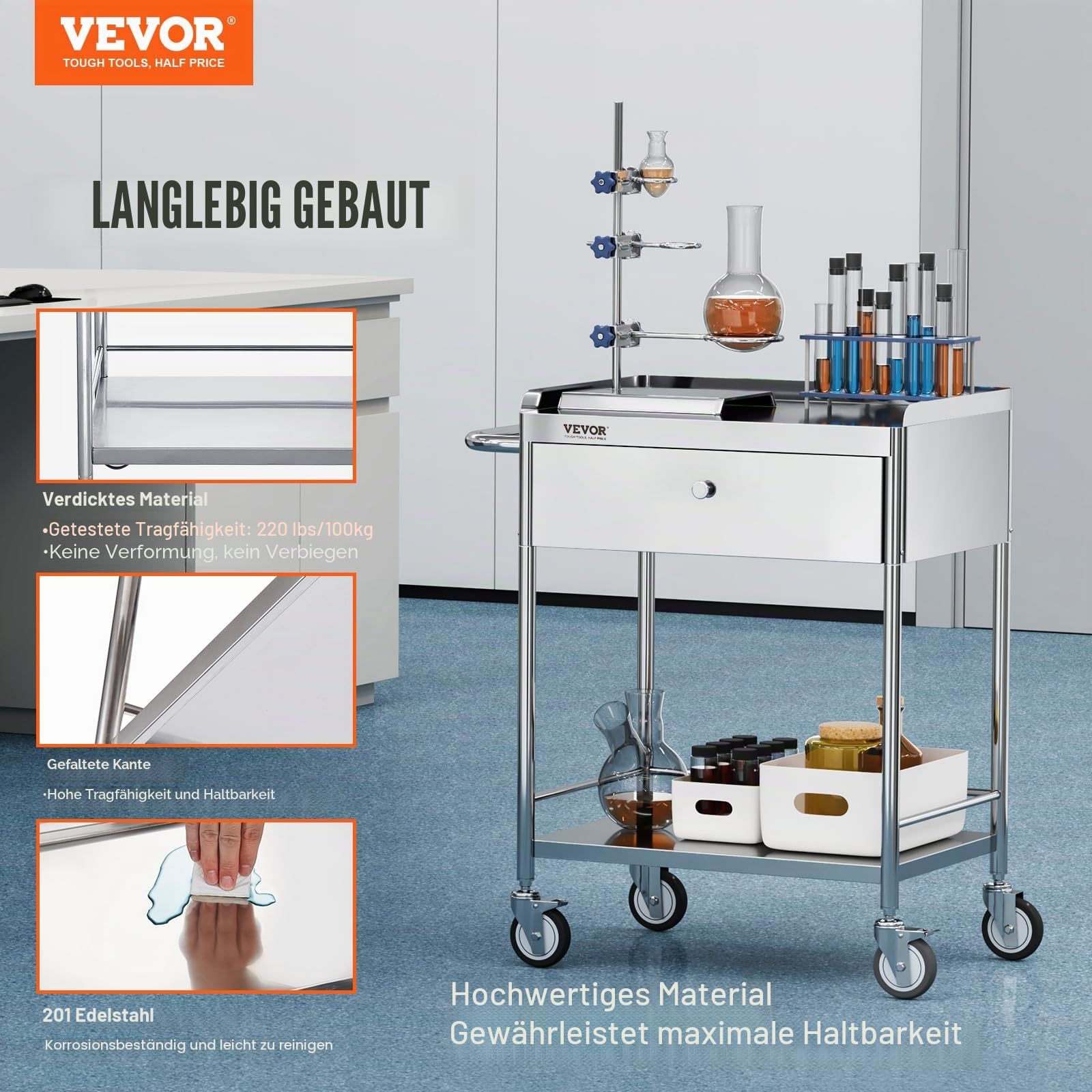 VEVOR Zweistöckiger Laborwagen Gerätewagen Medizintechnik Servierwagen 201 Edelstahl Tragbar Abräumwagen mit Schubladen 100 kg Tragfähigkeit, 710 x 421 x 785 mm (mit Griff) Labor Rollwagen