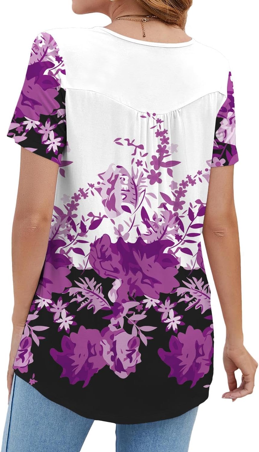 BeadChica Women's Tunic Tops For Leggings Short Sleeve Shirts Botton Up Casual Ruched Blouses Clothing Floral-M - Image 4