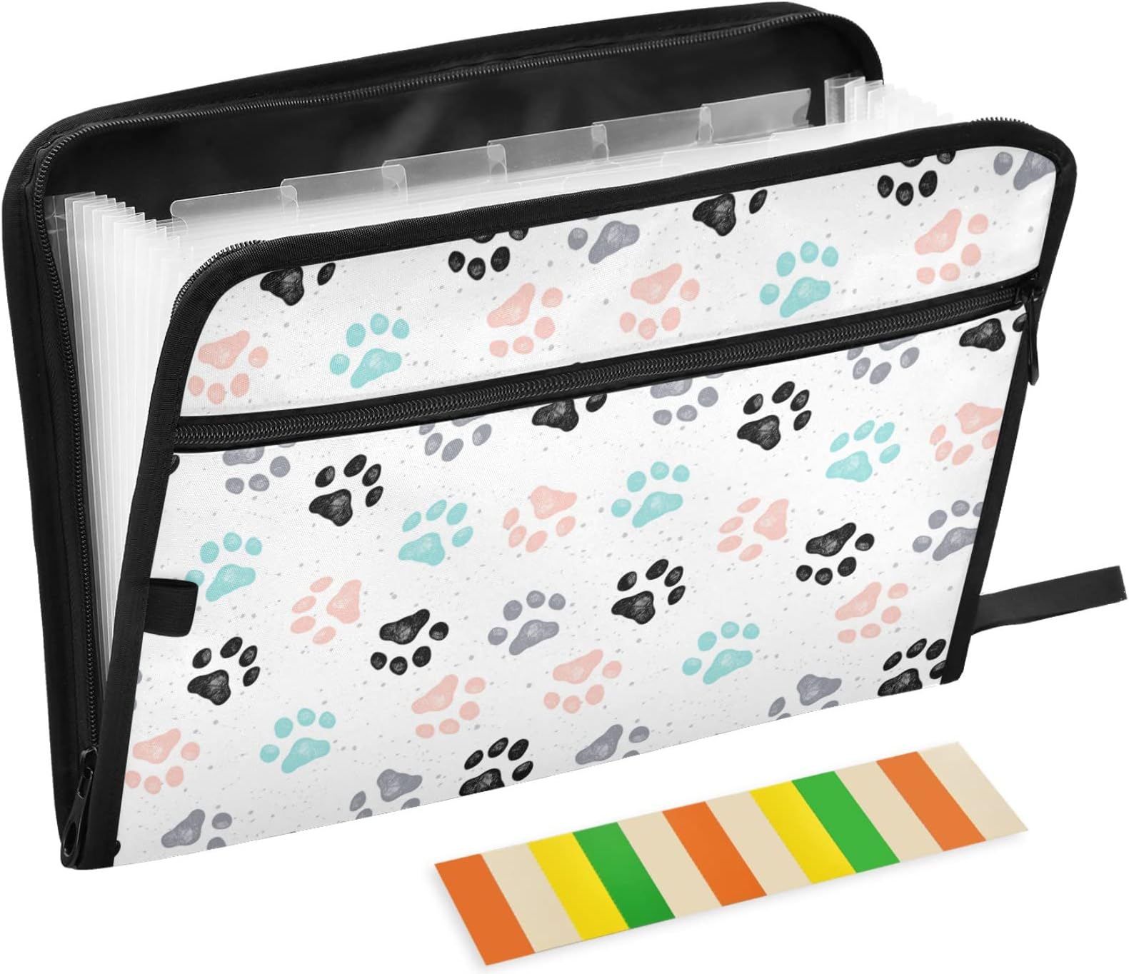 ZZKKO Colorful Dog Paw 13 Pockets Expanding File Folder with Sticky Labels Accordion File Folder Document Organizer Letter Size A4 Papers Expandable File Keeper White Background