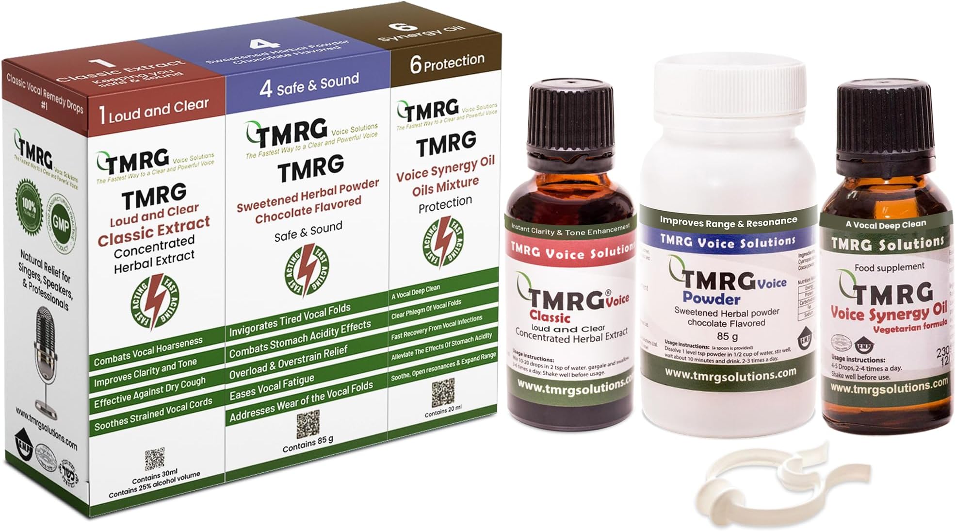 TMRG Powerful Vocal Recovery Kit - Large: Professional Herbal Remedy Featuring 30ml Voice Drops, 85g Voice Powder, 20ml Synergy Oil, and a Clip—Ultimate Care for Vocal Strength and Recovery.