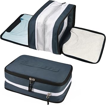 5 Set Compression Packing Cubes for Suitcases, Travel Organiser for Carry on Hand Luggage Newest Double Sided Expandable Packing Bags with Shoes Bag (Navy)