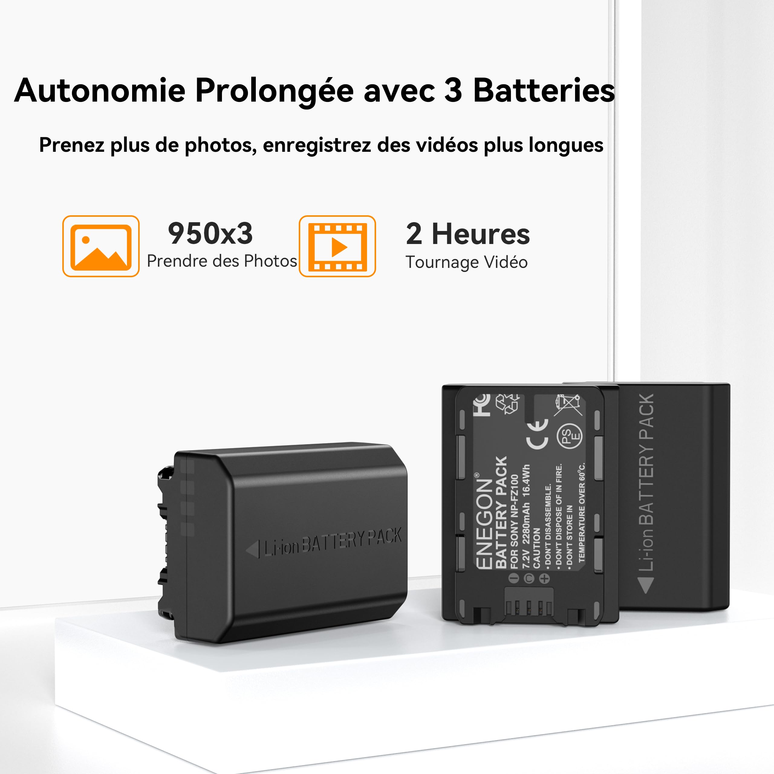ENEGON Batteries NP-FZ100 (3×2280mAh) avec Chargeur 3 emplacements et écran LCD, compatibles Sony A7III, A7IV, A7C/A7C R, A7R III/IV/V, ZV-E1, FX3, FX30, A1, A6600, A6700, A9/A9 II