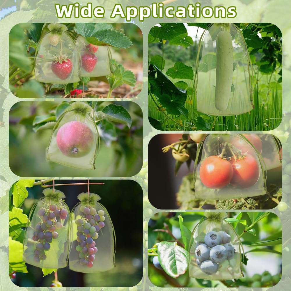 100 bolsas de protección de frutas de 8 x 12 pulgadas, bolsas de red de frutas para árboles frutales, bolsas de malla con cordón, bolsas de organza reutilizables, barrera de plagas para proteger