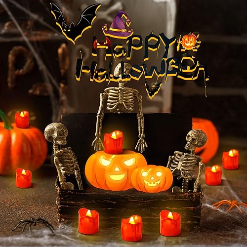 Miniatura 7 de 24 velas de té con temporizador de Halloween, sin llama, parpadeantes, automáticas, funciona con pilas, temporizador automático, velas eléctricas