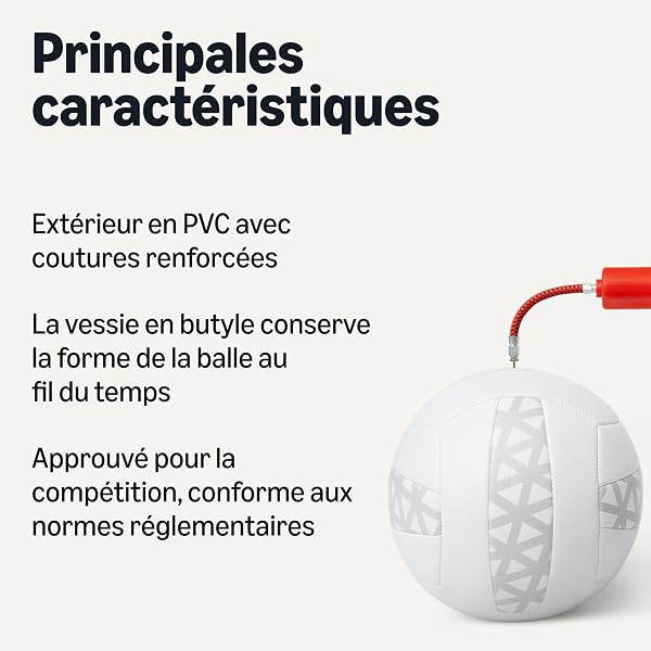 Amazon Basics Volleyball d’Intérieur et d’Extérieur Taille 5 avec Pompe - Ballon d’Entraînement en Cuir PVC avec Coutures Renforcées et Vessie en Butyle, Blanc et Gris - 2