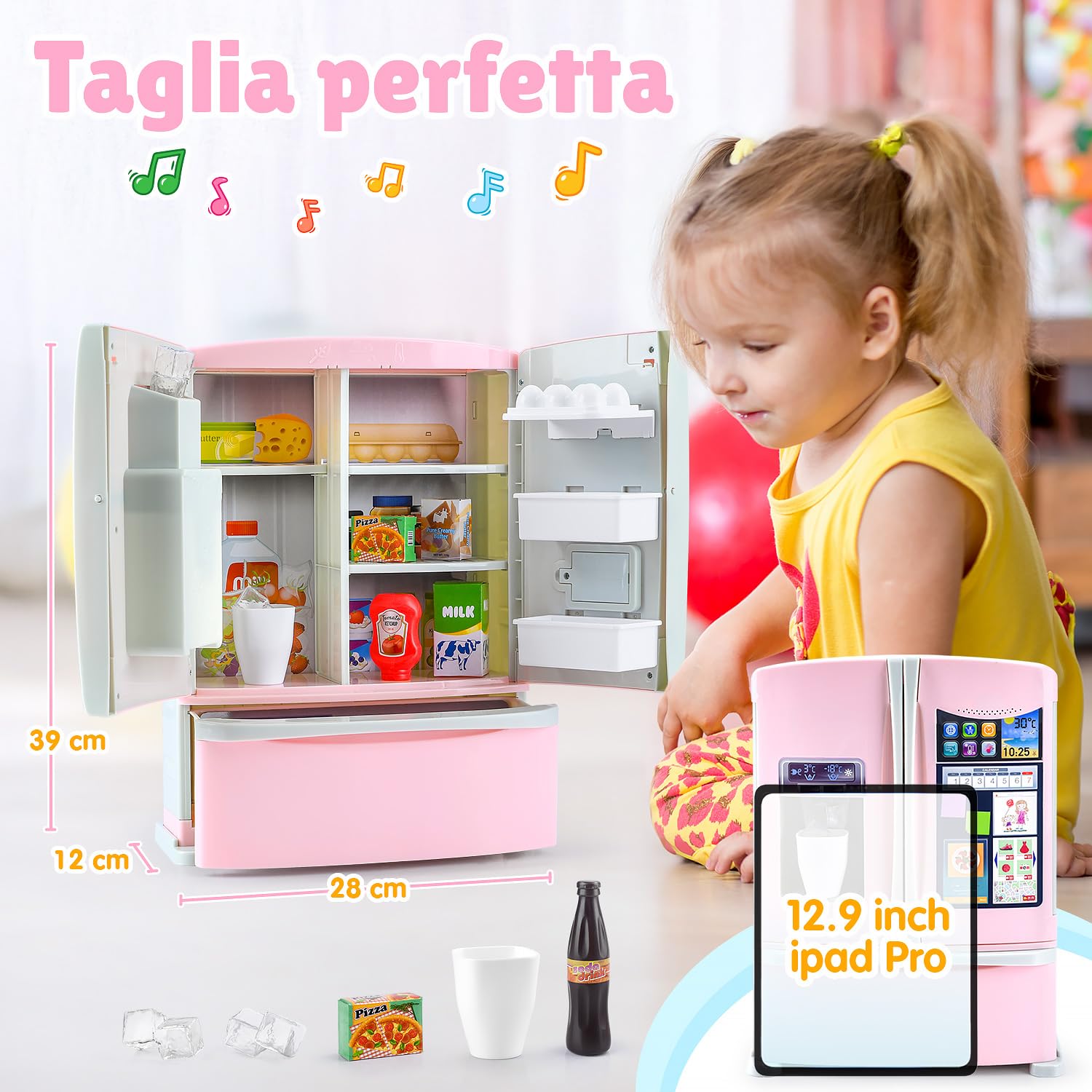 PLAY Set di accessori da cucina per bambini, frigorifero con dispenser di ghiaccio, set di accessori da cucina con frigorifero per bambini, giocattolo alimentare, cubetti di ghiaccio, utensili da