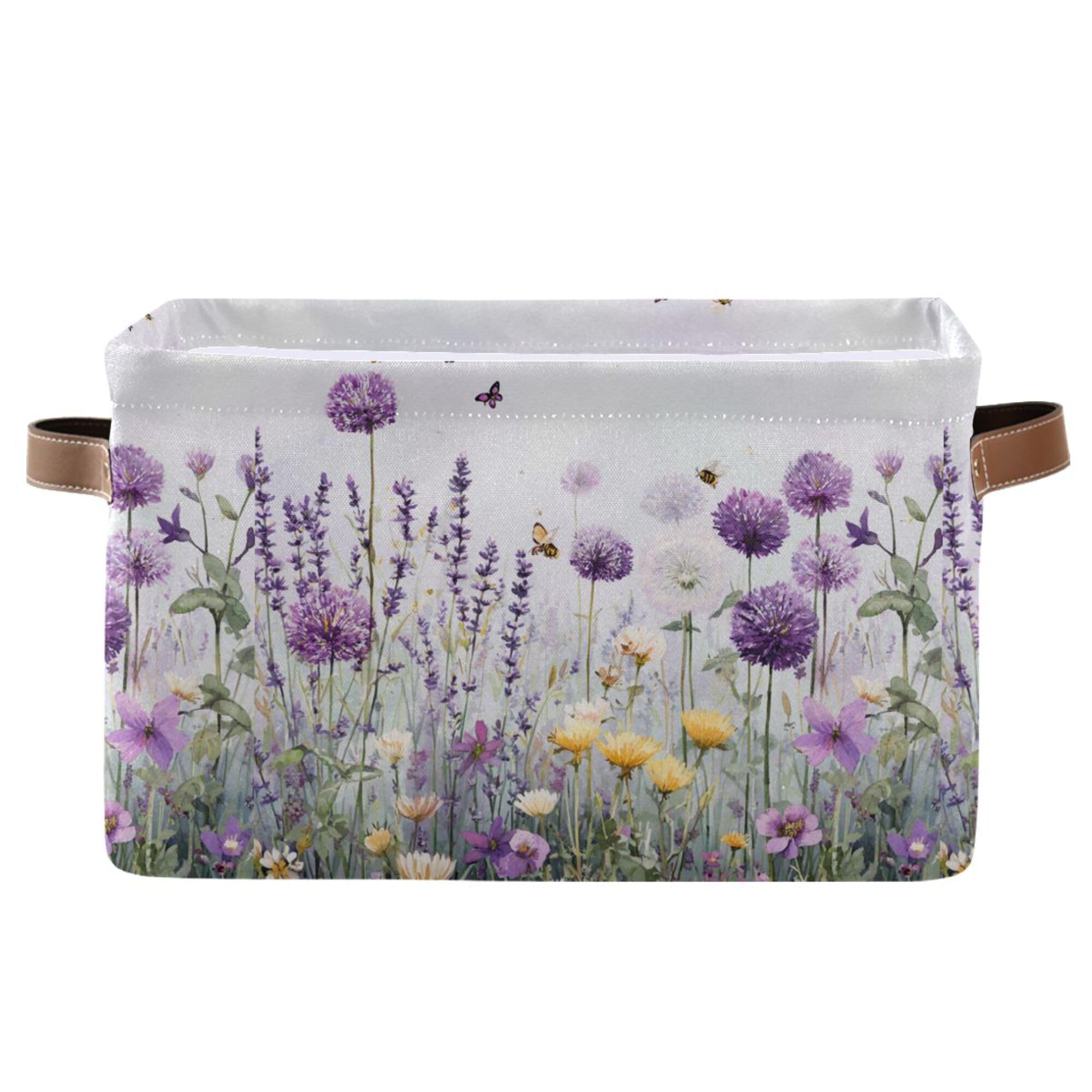 Lavender Fabric Storage Bin, Foldable Organizer Bag for Baby Cloth, Dog Toy, Book Storage Cubes, Shelf Closet Basket - 16x12x8