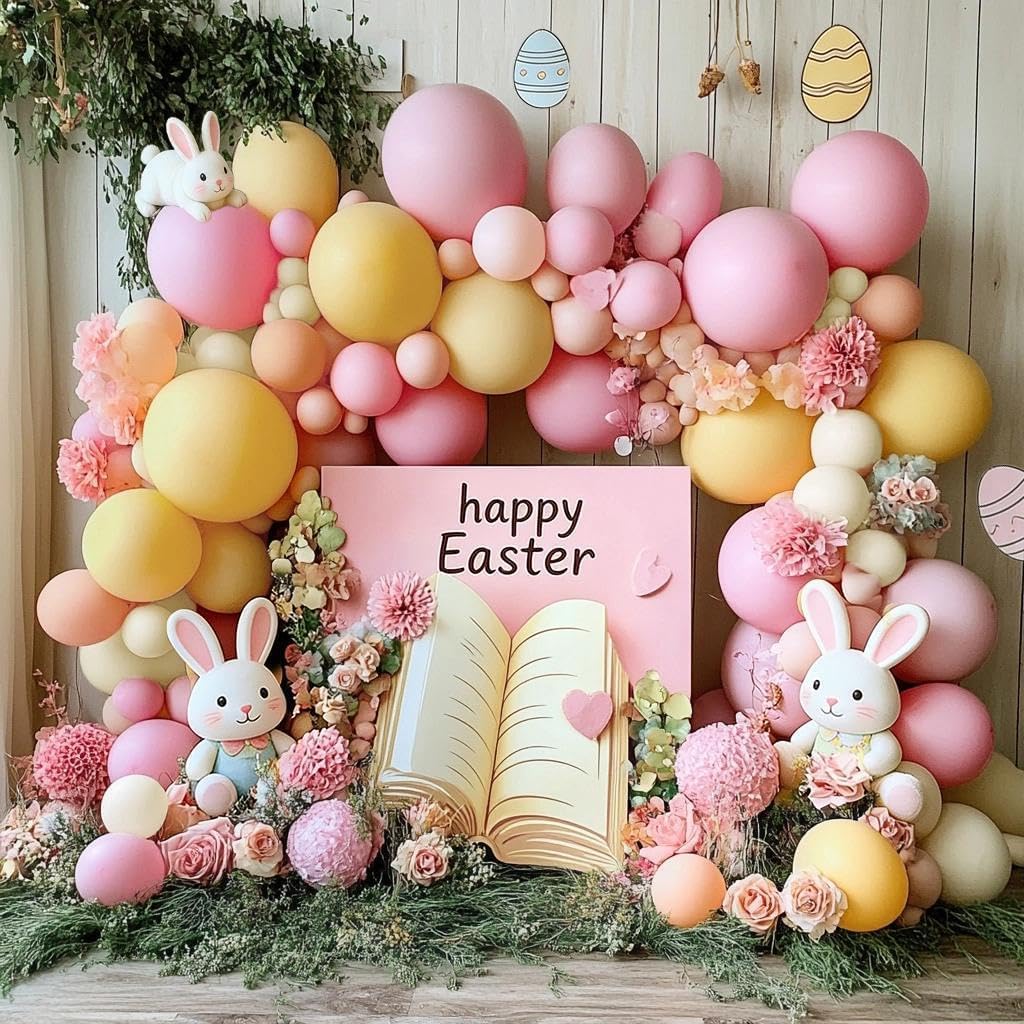 Pastel Pink Yellow Balloon Arch, Double Stuffed Light Yellow Pink Ivory Balloon Garland Kit Latex Peach White Beige Balloons for Birthday Baby Shower Easter Wedding Bridal Shower Bee Bear Party Decor