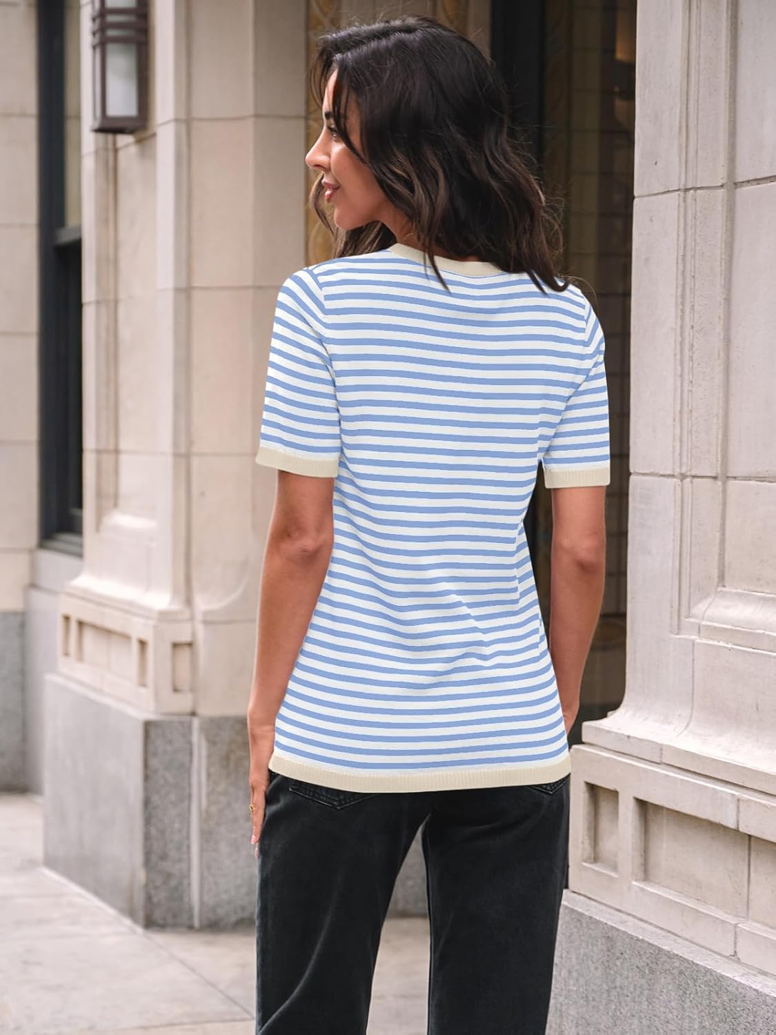 LILLUSORY Womens Striped Short Sleeve Sweater Pullover Shirts with Chest Pocket - Image 4