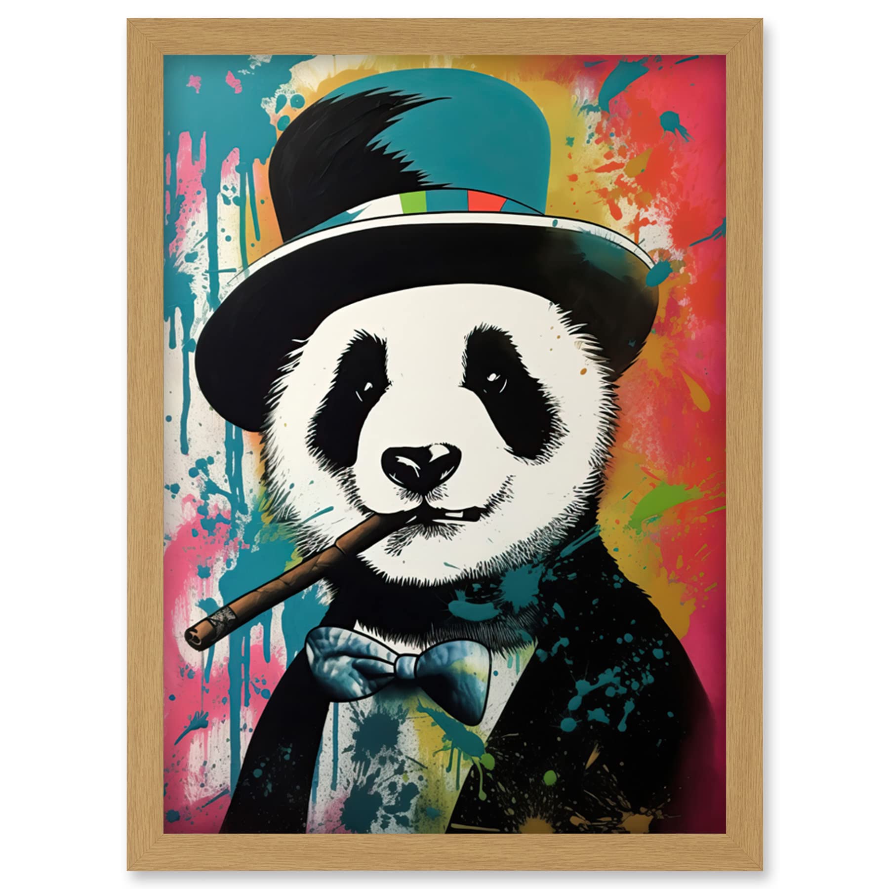 Artery8 Panda Bear Wearing Blue Top Hat Suit Smoking Cigar Artwork Framed Wall Art Print A4