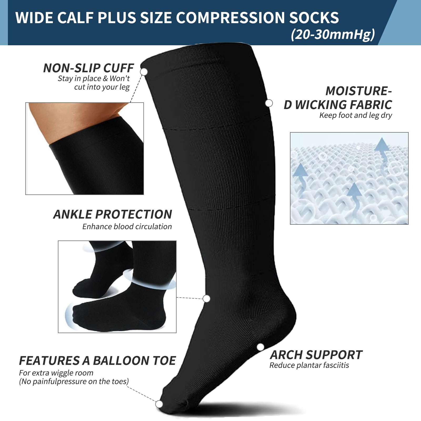 Plus Size Calcetines deportivos de compresión para mujer Calcetines de compresión para hombre 2 pares de calcetines para correr