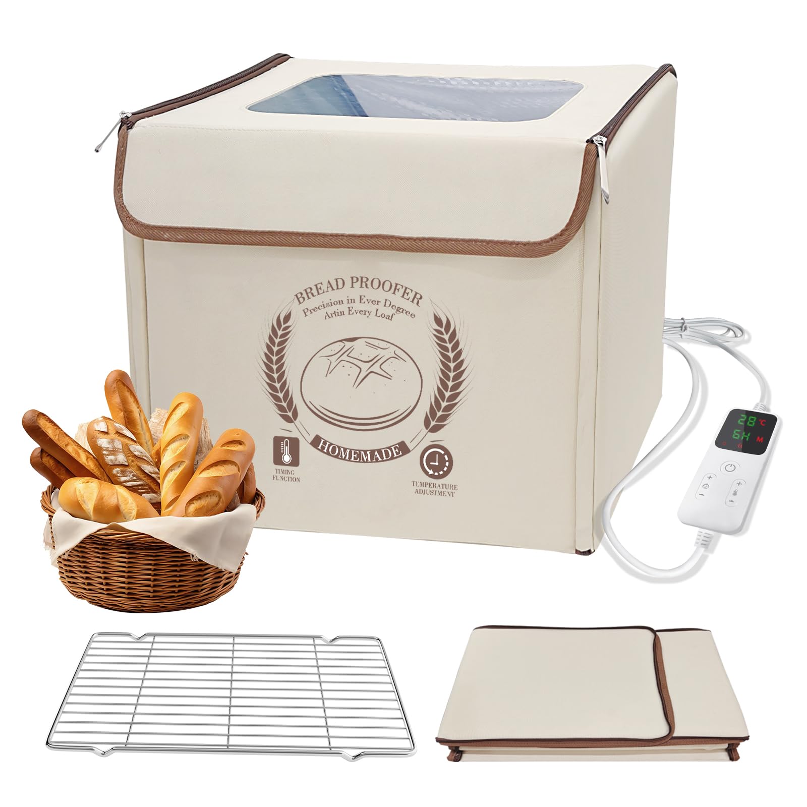 Scatola Lievitazione Pane con Riscaldamento, Cestino Pieghevole per Lievitazione Dell'impasto con Coperchio, Regolazione Temperatura e Controllo Tempo, Cestini di Lievitazione per Pane, Pizza, Yogurt