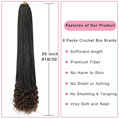 Miniatura 3 de Paquete de 8 paquetes de trenzas de ganchillo con extremos rizados, trenzas de caja Goddess de 30 pulgadas, trenzas de ganchillo T30, extensiones de