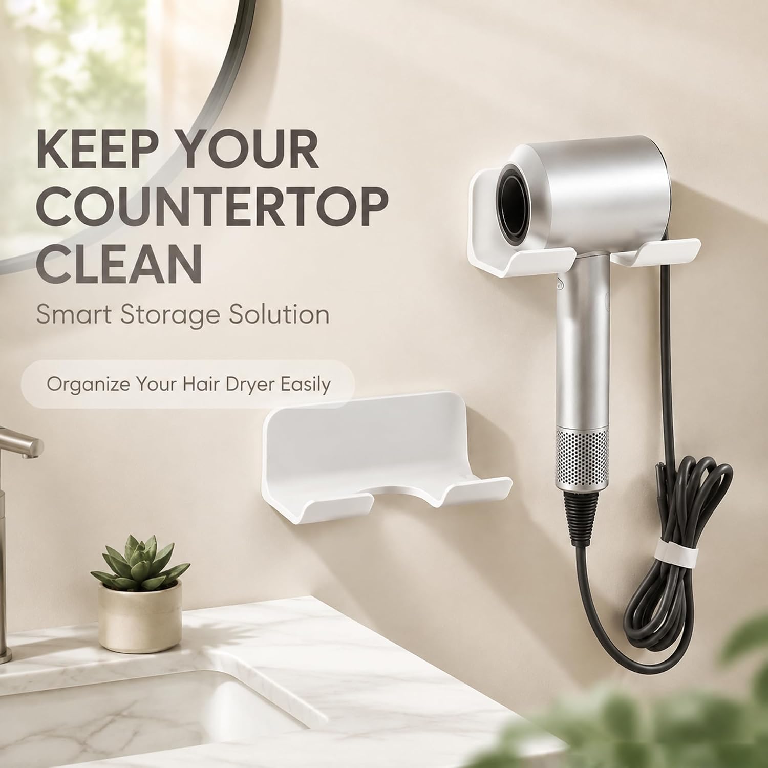Universal Hair Dryer Holder, Self Adhesive Wall Mount, White image 3