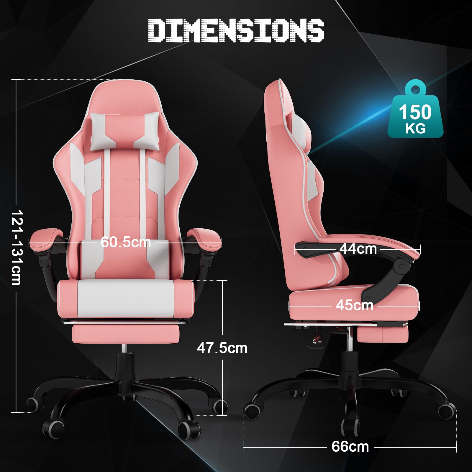 TRIUMPHKEY - Sedia da gaming con poggiapiedi telescopico, schienale regolabile 90°-150°, sedia da gioco con poggiatesta e supporto lombare, sedia da ufficio, 150 kg (colore rosa)