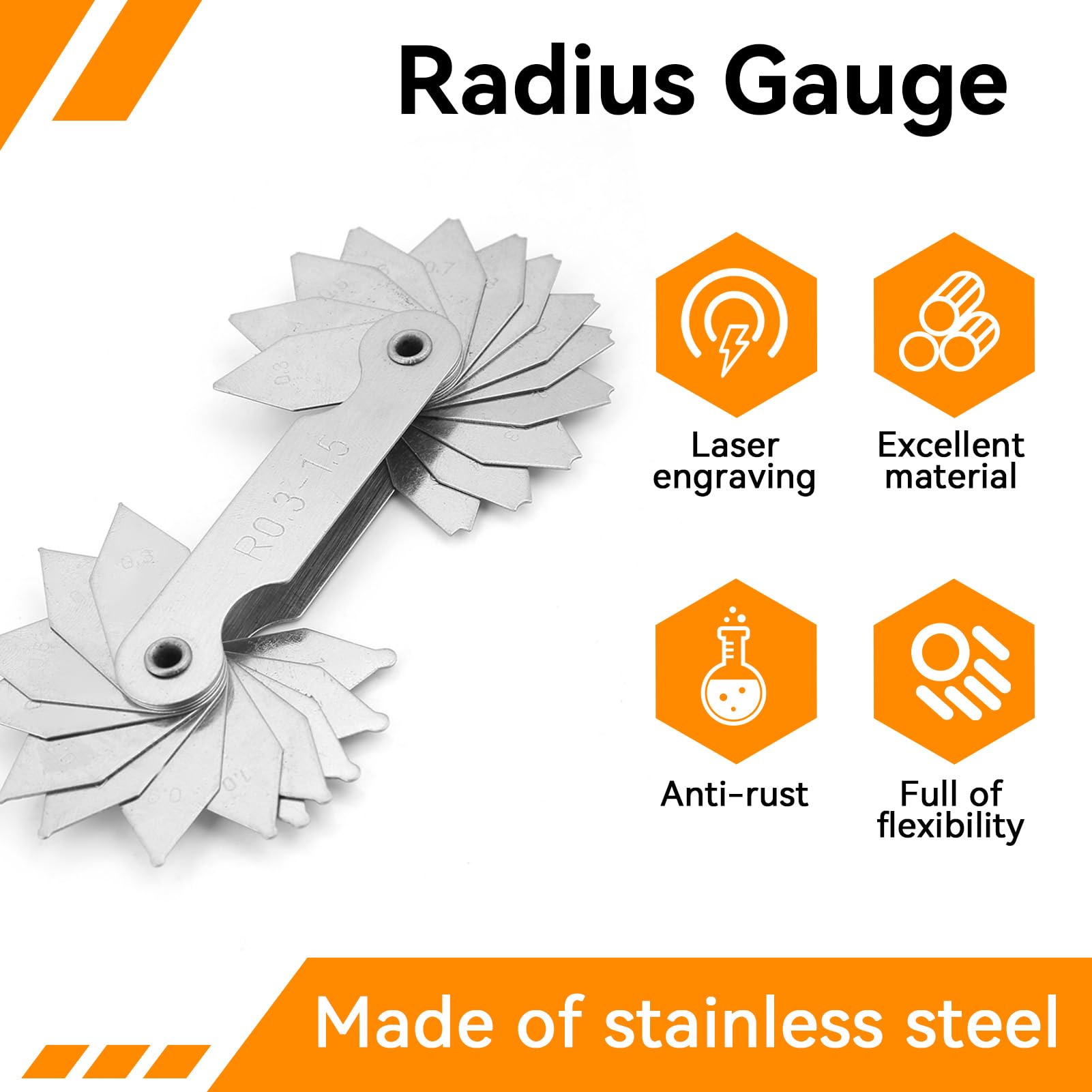 Set di Calibri per Raggio in Acciaio Inox, Strumento di Misura Convesso Concavo R0.3-1.5/R1-6.5/R7-14.5/R15-25