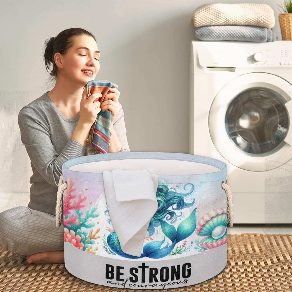 Large Round Laundry Basket Cute Mermaid Girls Toy Bins Organizers and Storage for Girls Canvas Collapsible Blanket Storage Basket Laundry Hamper Gift Baskets Bedroom Clothes Children Nursery