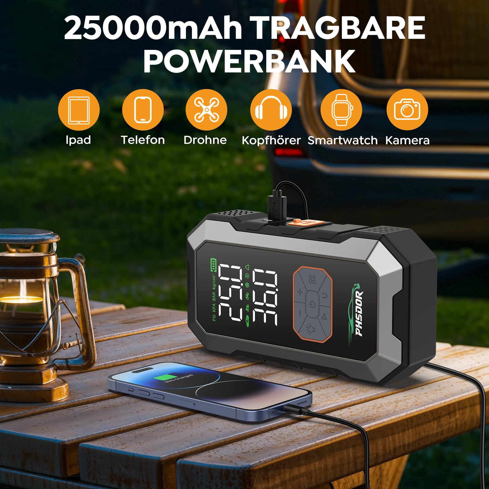 8000A Starthilfe Powerbank mit Kompressor 150PSI, 25000mAh Auto Starthilfe Powerbank für Pkw (Bis Zu All Benzin Oder 10,0L Diesel), Jump Starter Auto mit LED Taschenlampe, Silber