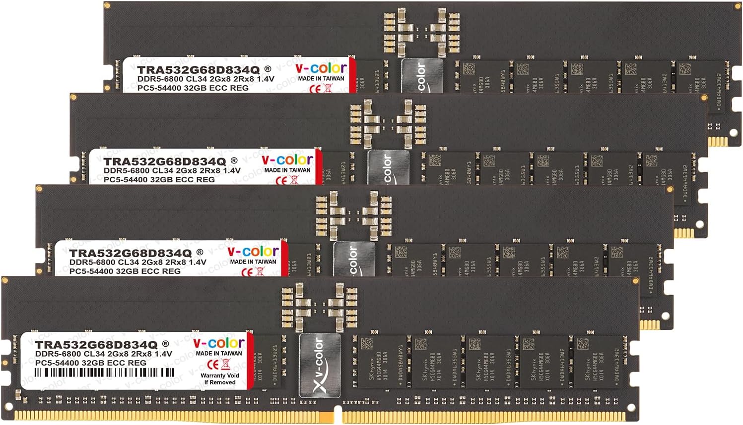 V-Color DDR5 128GB (32GBx4) 6800MHz CL34 2Gx8 2Rx8 OC R-DIMM (Overclocking ECC Registered DIMM) 1.4V Memory Ram for TRX50 Workstation (AMD Expo) (TRA532G68D834Q)