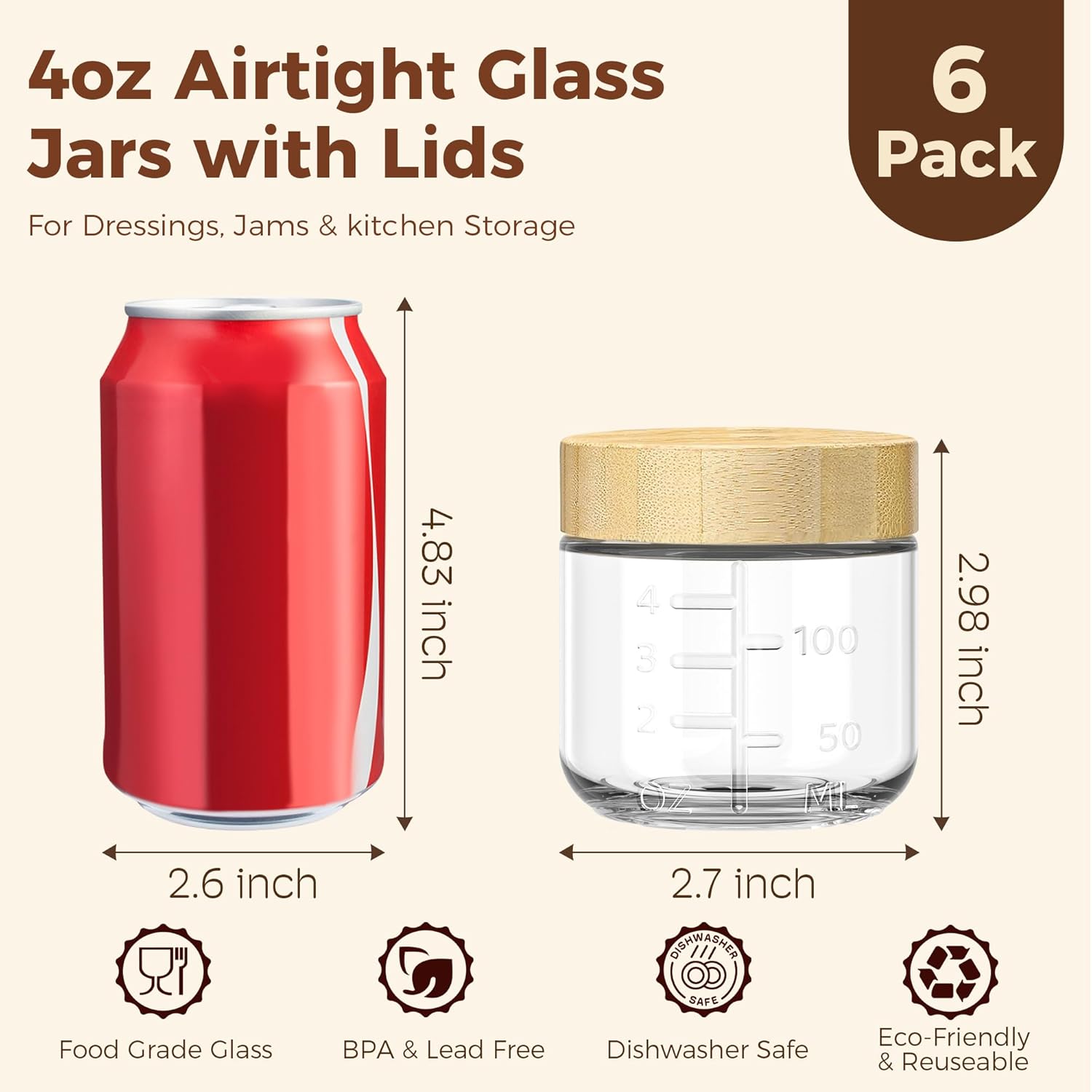 4oz Glass Salad Dressing Containers with Bamboo Lids - 6 Pack Small Airtight Condiment Cups, Leakproof Mini Sauce Jars for Picnic, Ketchup, Dip & Snacks, BPA-Free & Dishwasher Safe - Image 2