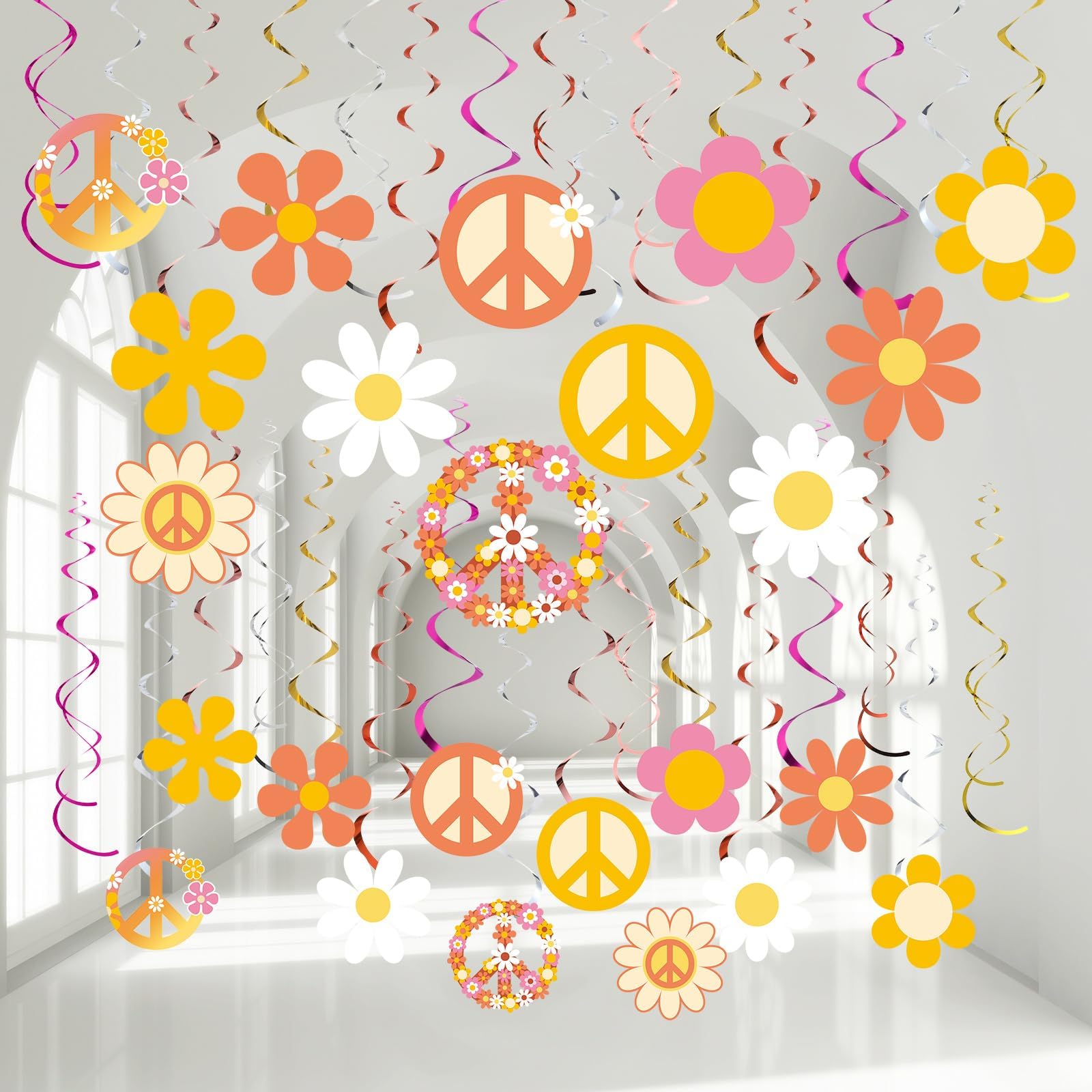 60's Hippie Theme Party Foil Swirl Decorations, 60s Groovy Party Retro Flower Cutouts Peace Sign Hanging Swirls Ceiling Decorations for 60s Hippie Theme Groovy Party Supplies, 30 Count (Lovely)