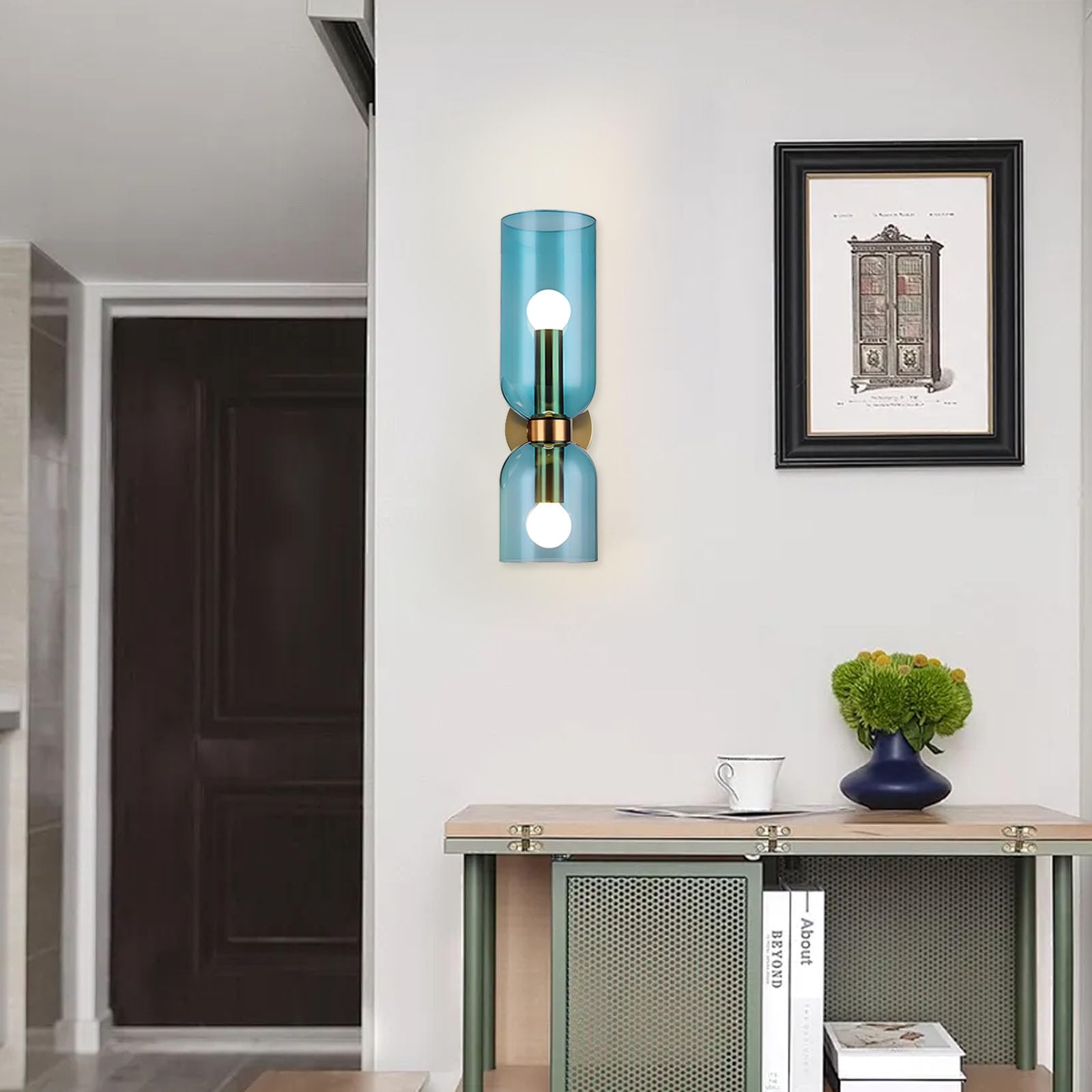 Nowoczesna lampa ścienna z 2 złotymi światłami - lampa ścienna ze szklanym abażurem, lampa ścienna E14 do sypialni, łazienki, salonu (niebieska)