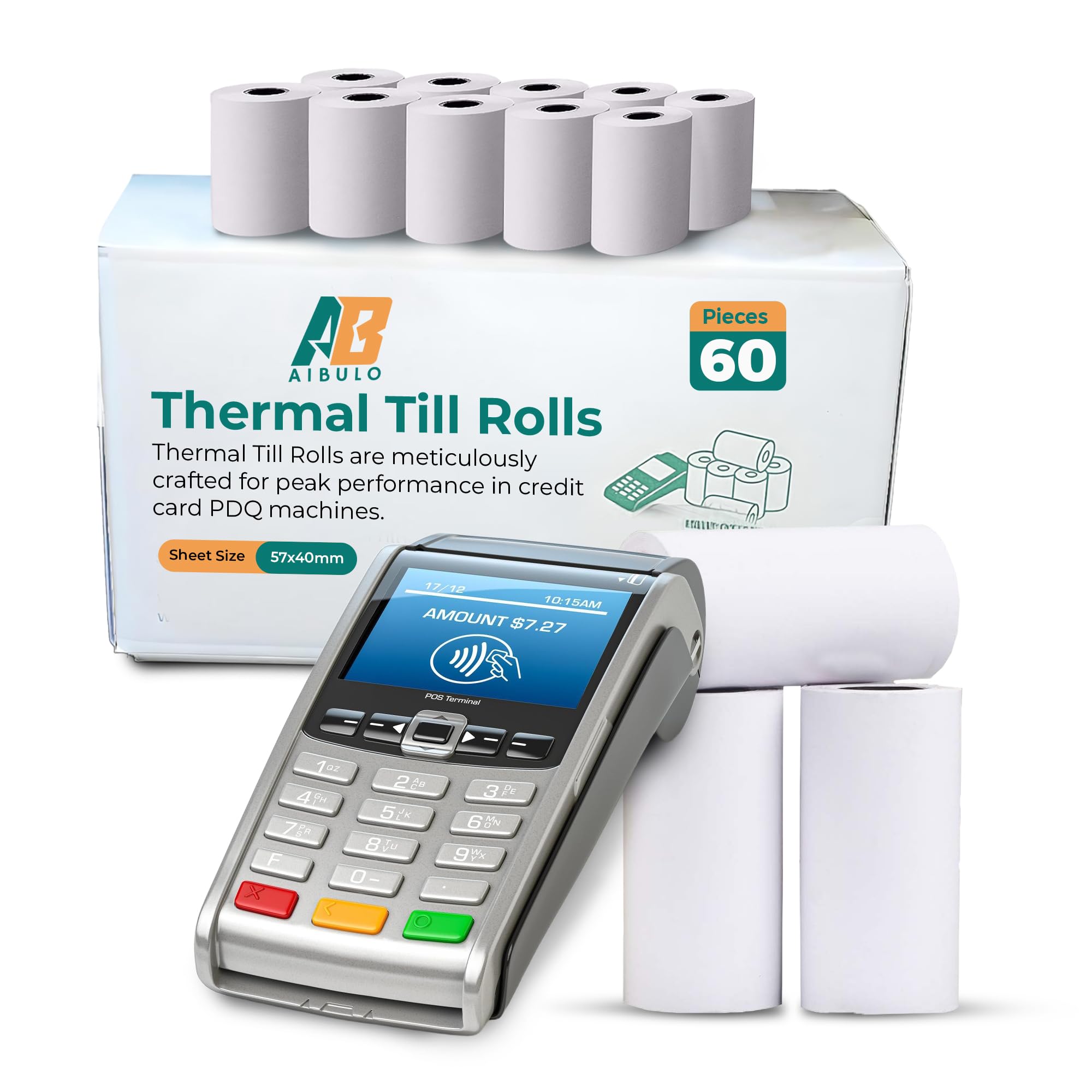 60 Pcs Aibulo Thermal Till Rolls 57x40mm – BPA-Free Credit Card Machine Paper Rolls for PDQ, POS, EPOS – Compatible with Verifone, Clover, Ingenico, Barclaycard, Worldpay, Pax & More – 14m