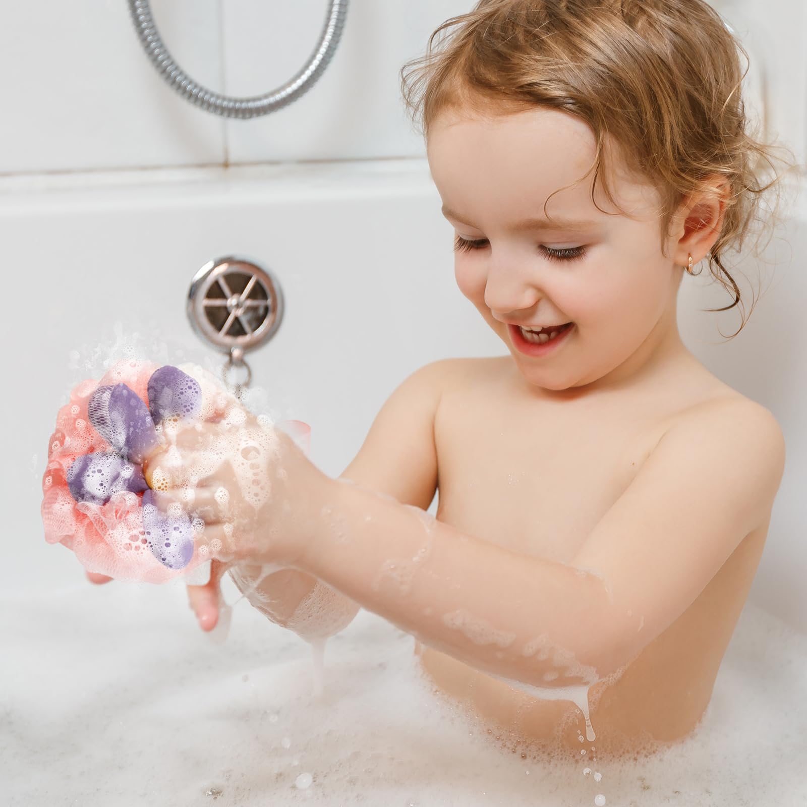 2 esponjas de baño de flores bonitas de malla de lufa, esponja exfoliante para mujer, esponja de ducha suave para piel sensible en accesorios de baño de belleza