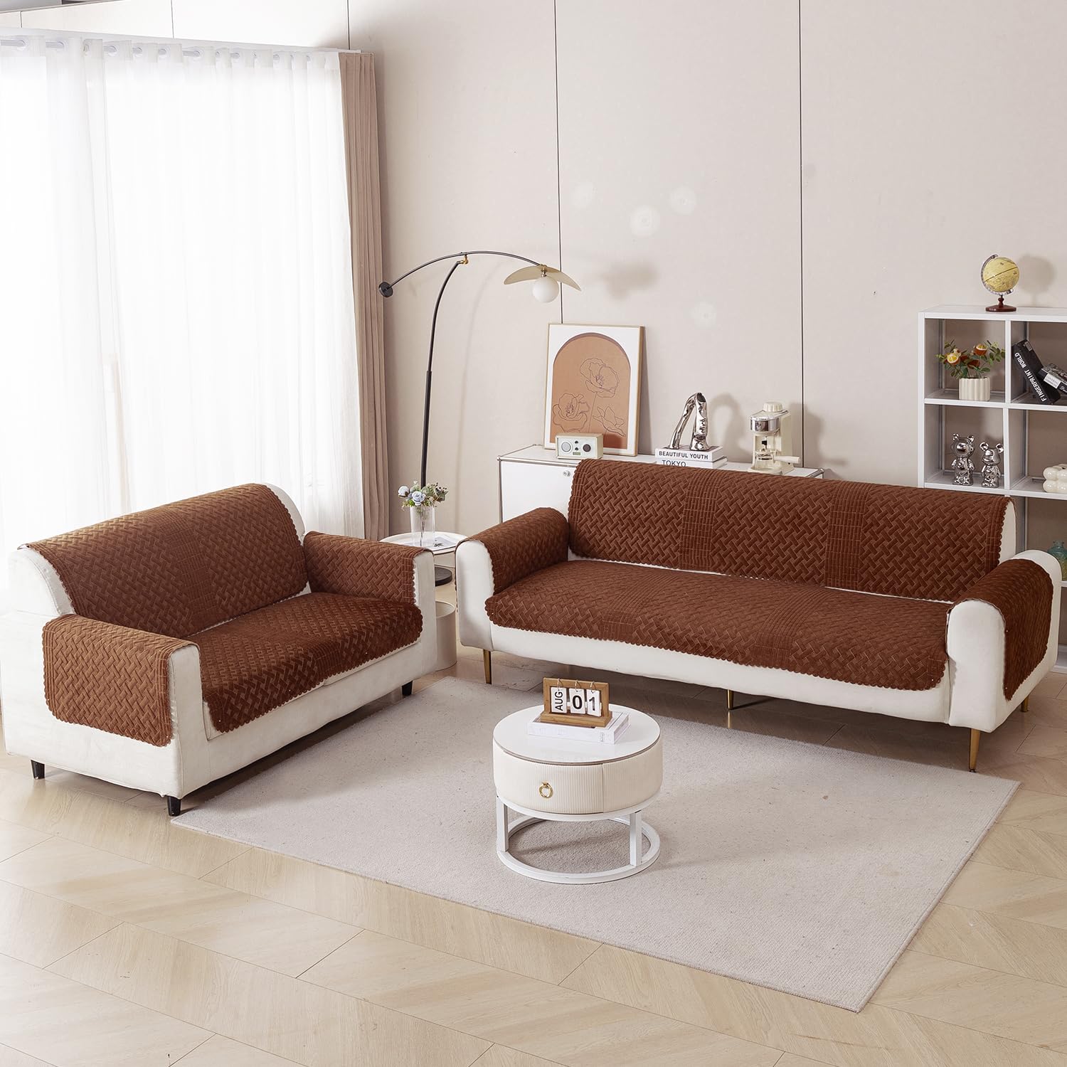 HOKIPO 'Modern Matrix' Reversible Sofa Cover 3 Seater and 2 Seater Set – Washable 5 Seater Sofa Cover (3+2) for Seat & Back | Chestnut Brown (IN-944-C1*2 + IN-943-C1*2)-image-47