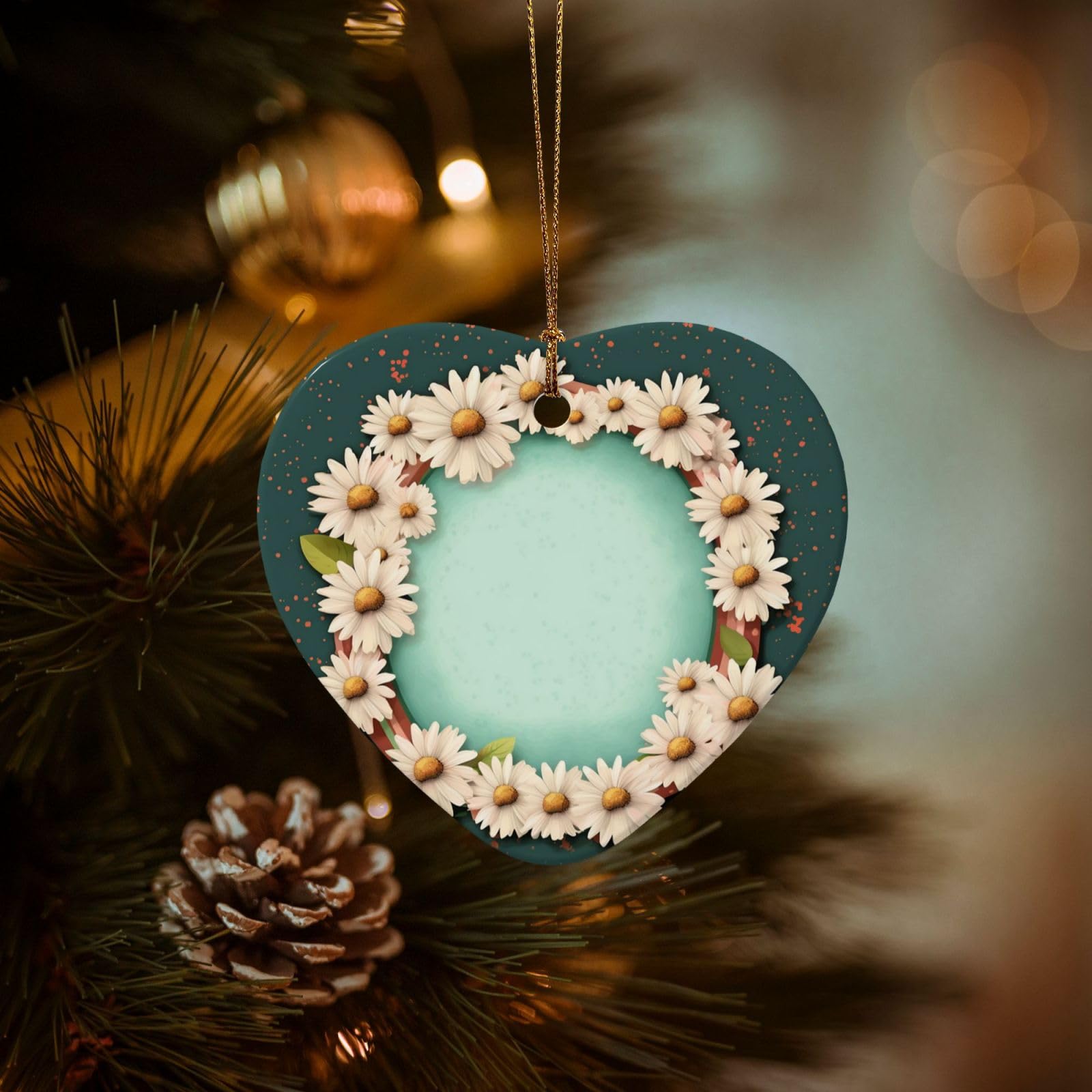 Christmas Tree Ornaments Ceramics Christmas Decorations with Daisies and Frame Ornaments with Gold Ribbon Porcelain Xmas Tree Crafts Heart Shape Hanging Pendant for Christmas Tree Party Decor