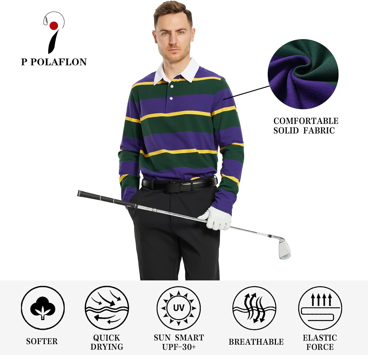 Men's Polo Shirts Long Sleeve Striped Dry Fit Casual Collared Pique Golf Polo Shirts for Mens - Image 5