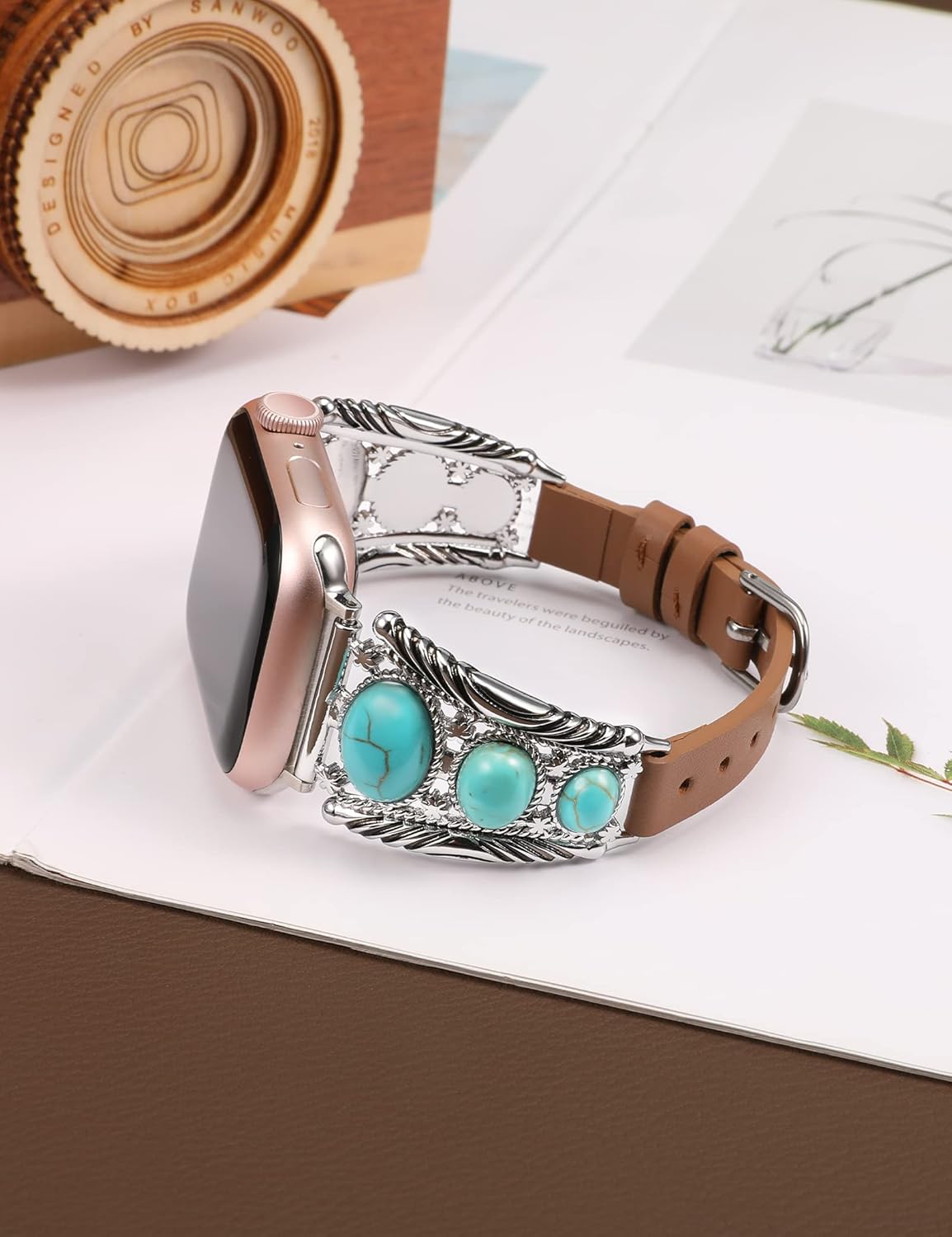 Minyee Leather Band Compatible with Apple Watch Band Women 42/46/38/40/41/44/45/49mm, Boho Western Turquoise Vintage Cowboy Retro Adjustable Strap for iWatch Series 11 10 9 SE 8 7 6 5 4 3 2 1 Ultra - Image 4