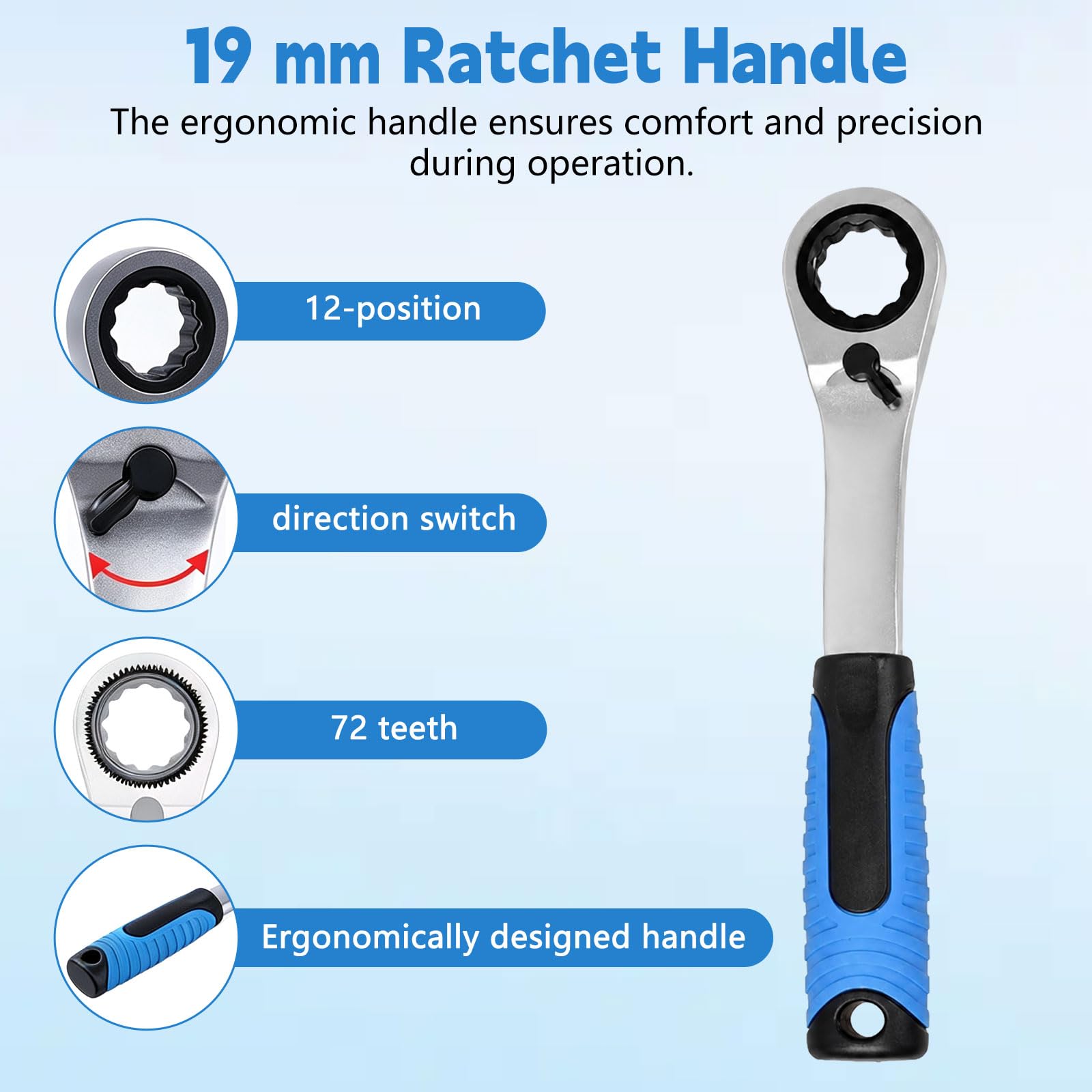 Jeu de 17 clés à douille à cliquet en acier CrV | Cliquet réversible 19 mm, douilles 10-24 mm, rallonge et adaptateur 1/2" et 3/8", pour tiges filetées profondes et écrous
