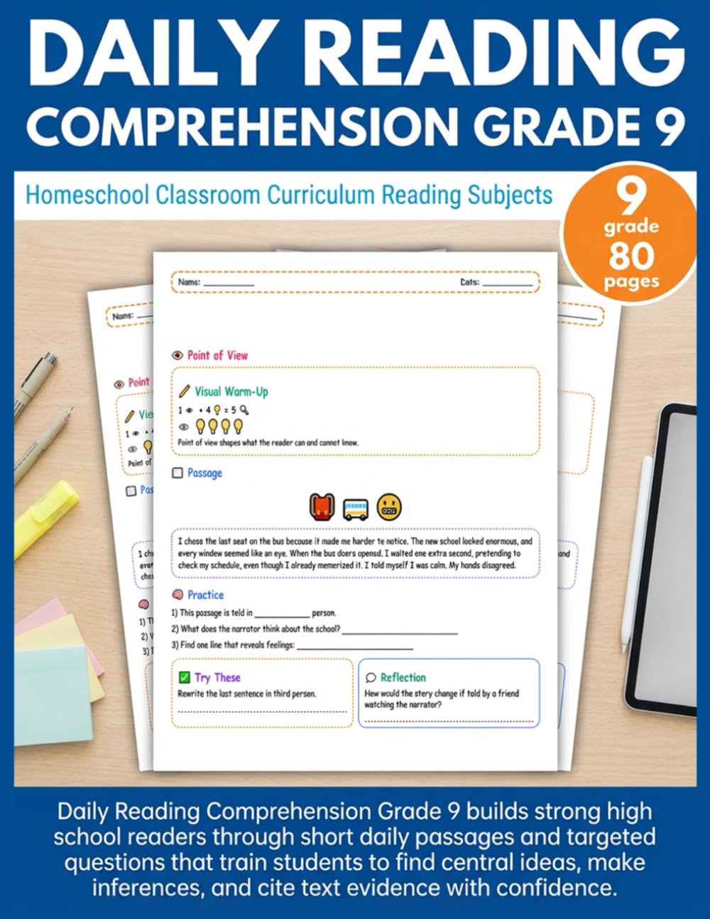 Daily Reading Comprehension Grade 9: Homeschool Classroom Curriculum Reading Subjects