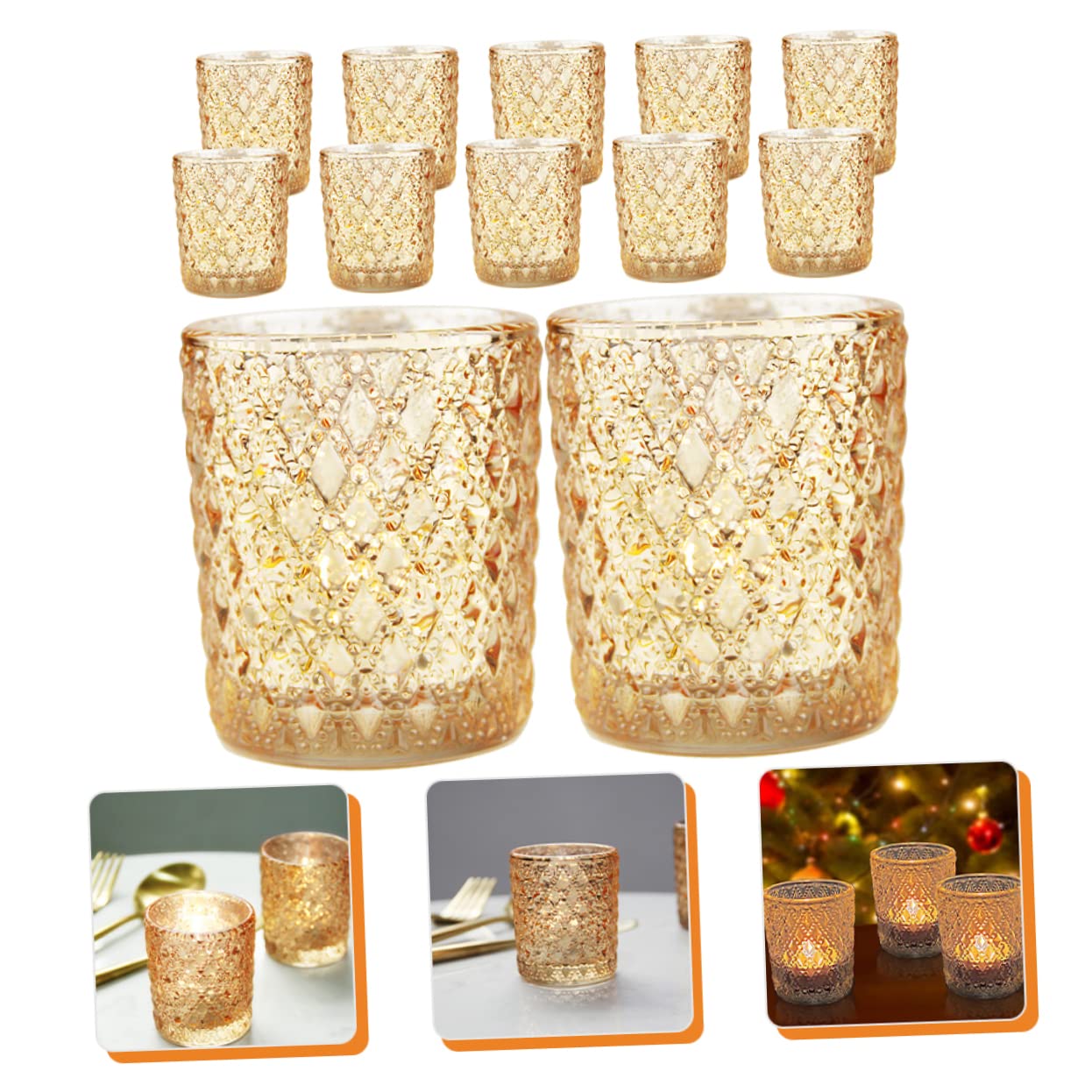 Portavelas de Vidrio Dorado Relieve Romántico 12 Piezas | Decoración Europea Elegante, para Bodas y Eventos Obsequios, Formato Portátil