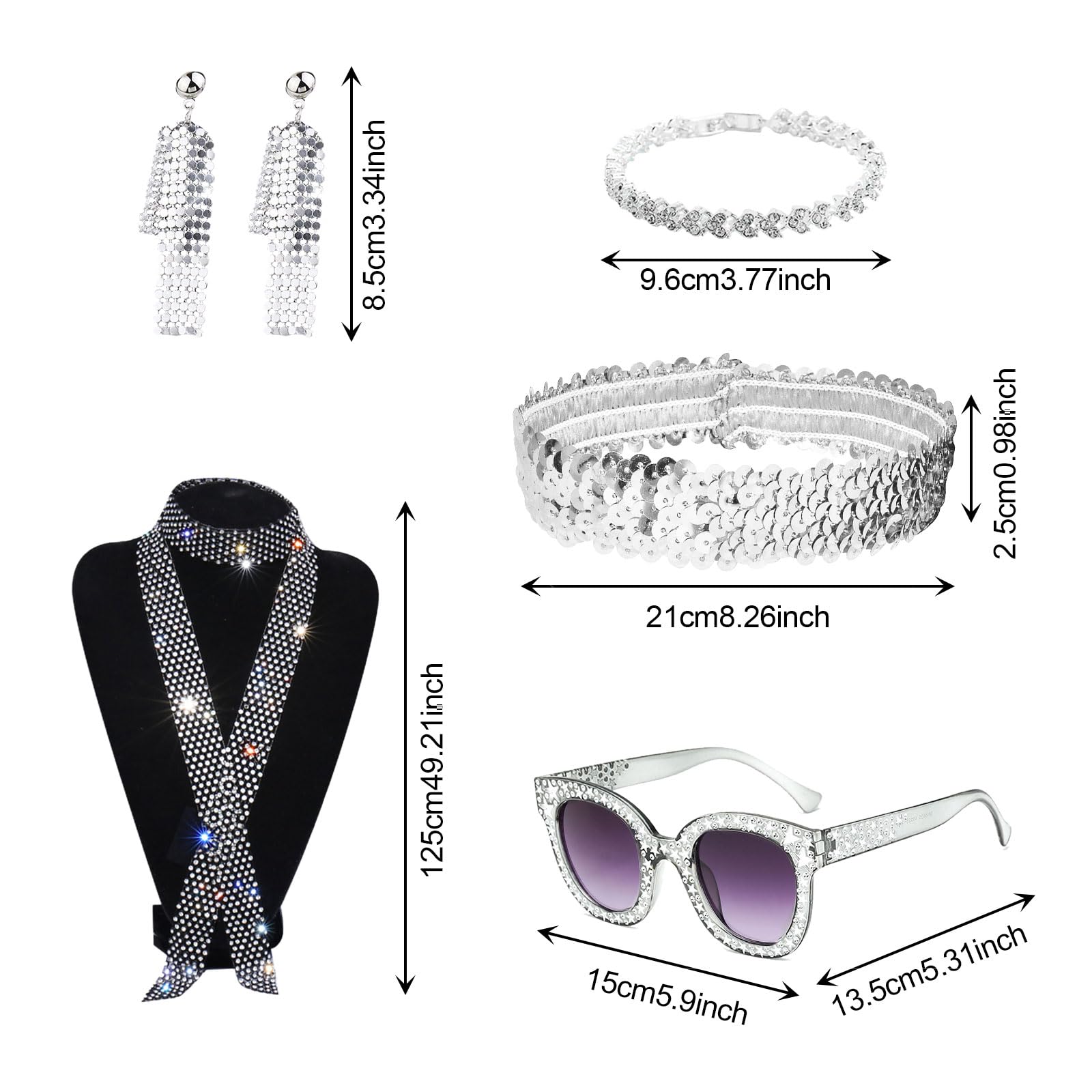 XNIVUIS 5 Pieces 70s Disco Accessories Black Sequin Scarf Necklace Bling Sunglasses Ear Accessories Headband Bracelet,1970s Disco Fancy Dress for Women Disco Party Retro 70 80 Theme Party (5 PCS) - Image 2