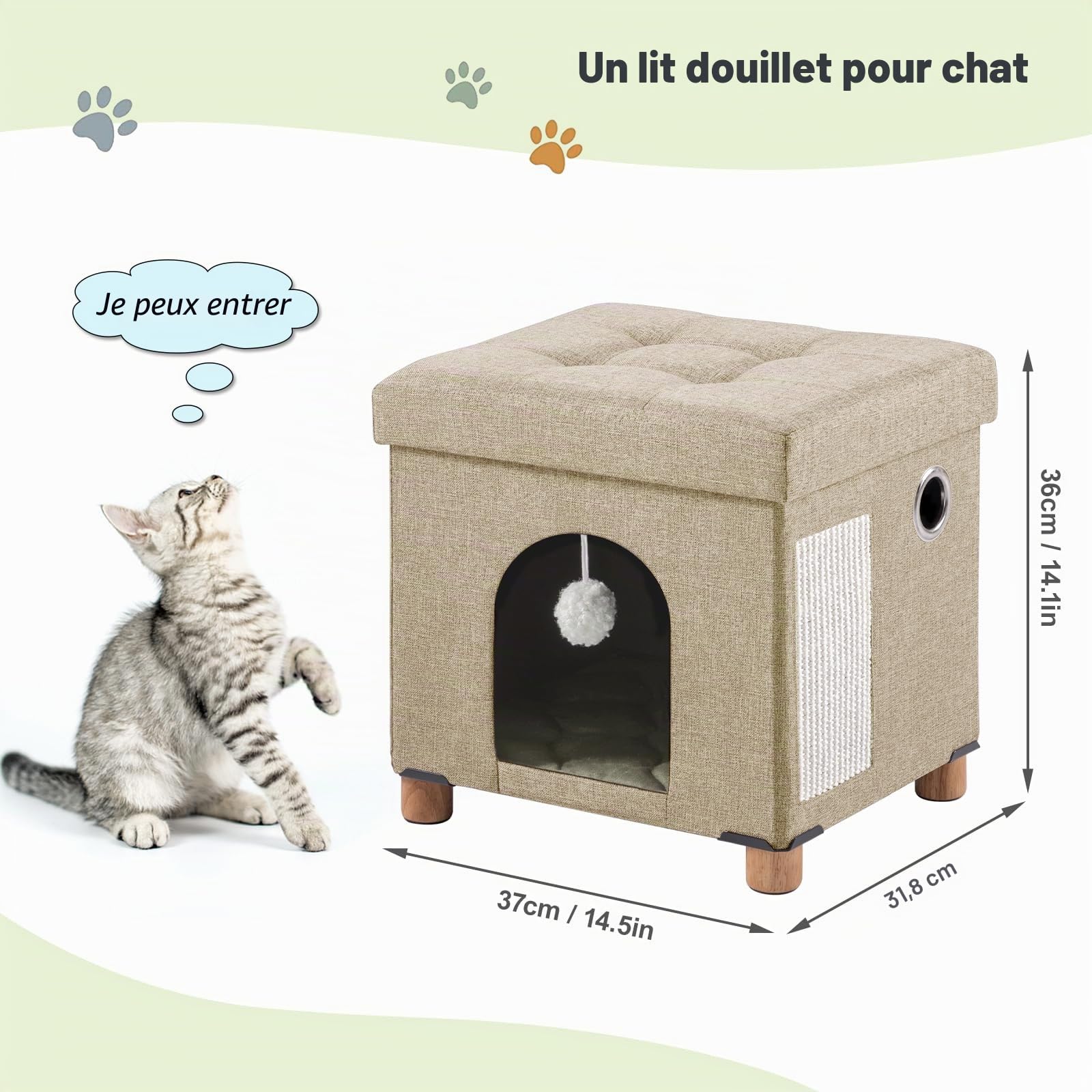 BRIAN & DANY Niche Chat Interieur, Maison Pliable pour Chat, Niche Chat avec Planche à Gratter et Balle pour Chat, 37.5 x 32.5 x 36 cm, Kaki