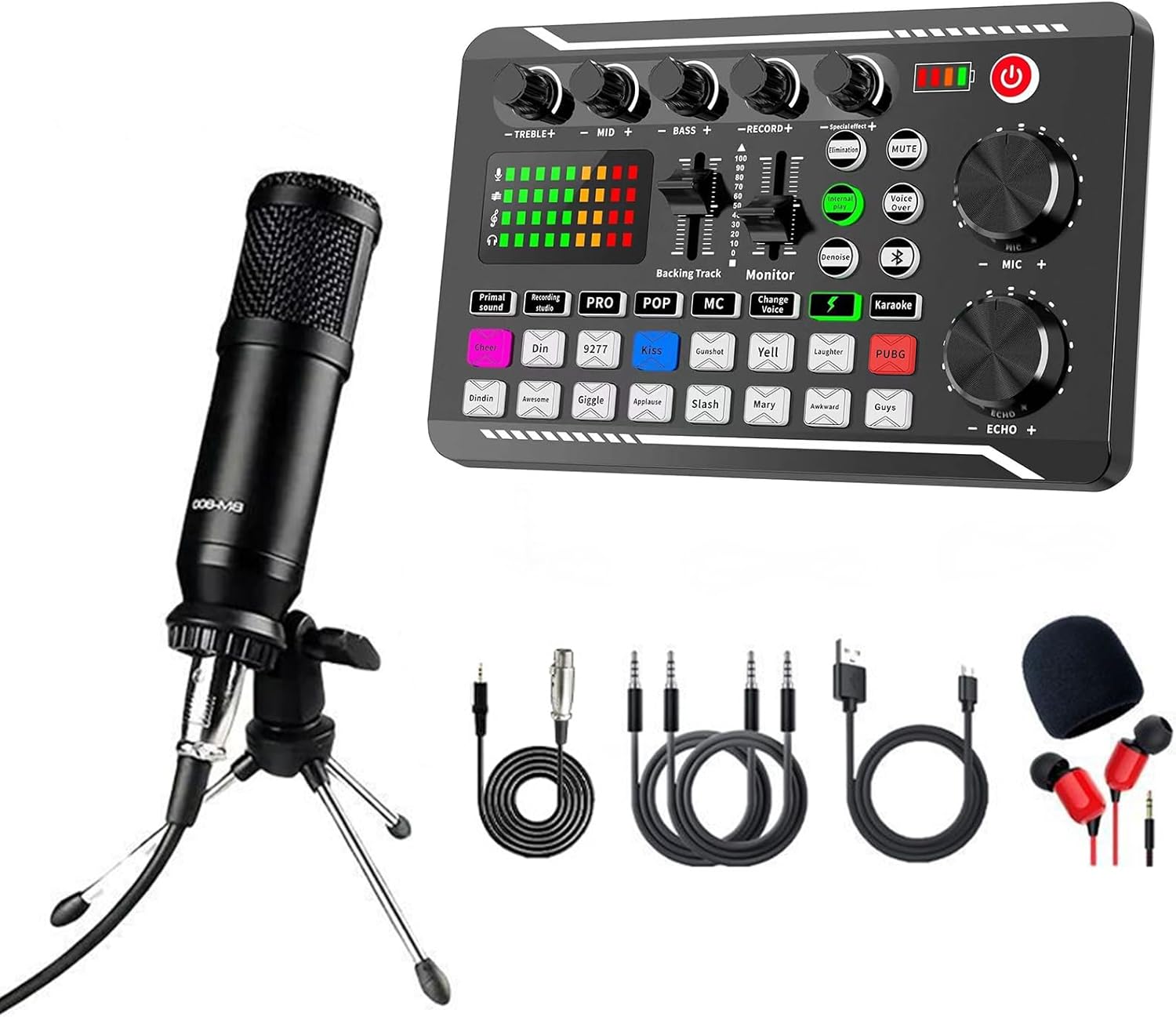 F998 Live Sound Card & Audio Mixer with 16 Voice Effects, Vocal Changer for Streaming Podcast Recording - Portable Studio Mixer with Reverb, Noise Reduction, Monitor Output (Black Microphone Set)