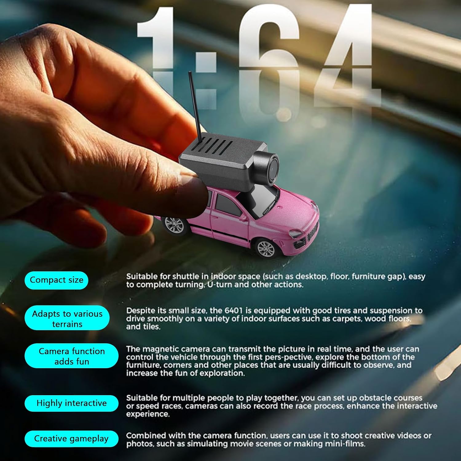 WLtoys Mini RC Car, 1:64 Scale FPV RC Drift Car with 720P HD Camera, 2.4GHz Transmitter, WiFi App Control with Gyro, LED Lights, Mini Racing Toys (Rose Red)