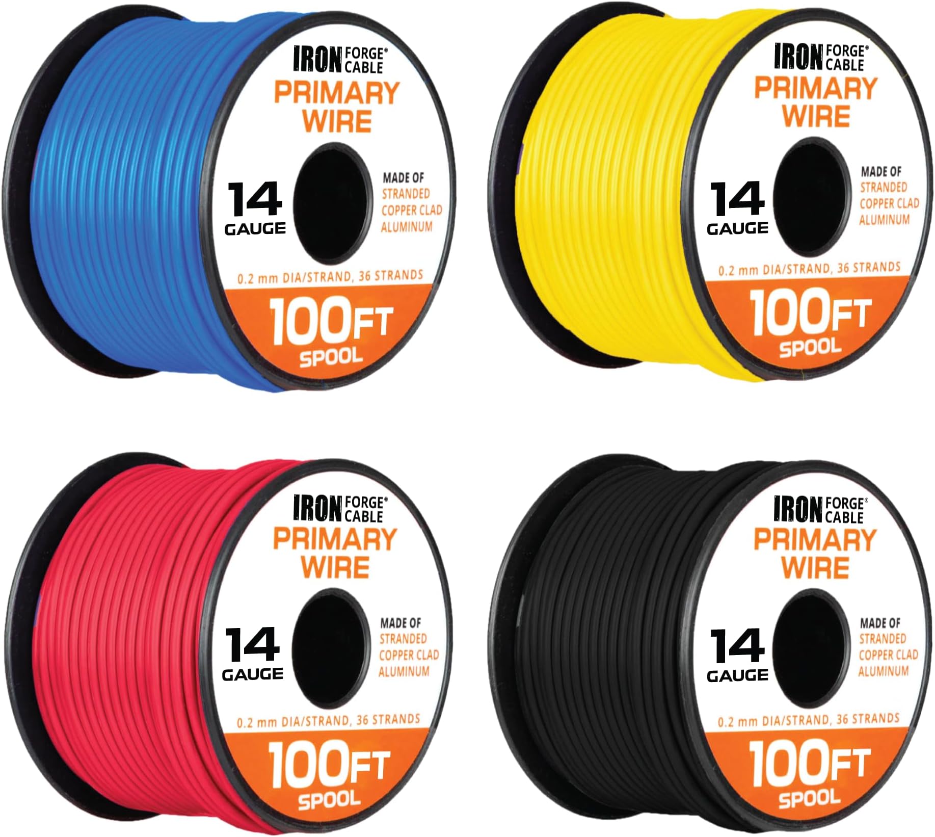 Iron Forge Cable 400 ft 14 Gauge Primary Automotive Wire - 4 Roll Assortment Pack - 100 Ft of Copper Clad Aluminum Wire per Roll - for Home or Automotive