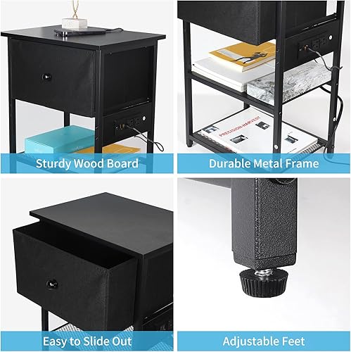 Miniatura 5 de VZIUDYN Juego de 2 mesitas de noche, mesita de noche con estación de carga, mesas auxiliares para sala de estar con cajón de tela, mesa auxiliar